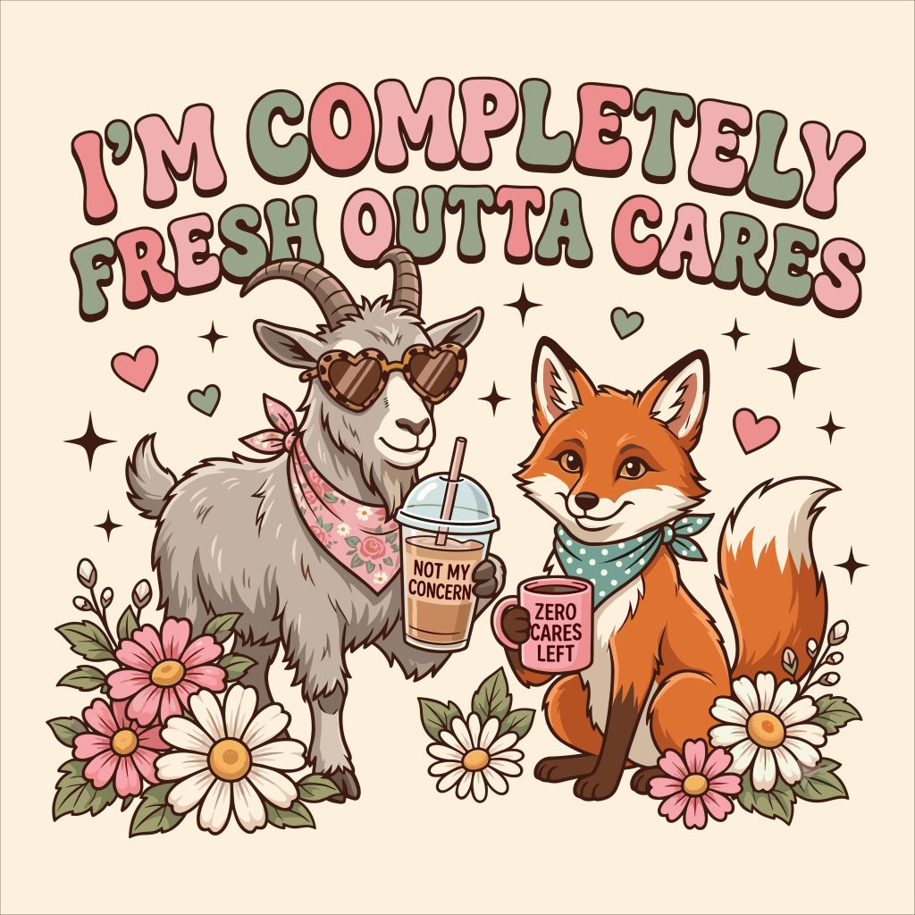 A retro cartoon style illustration of a goat with heart sunglasses and a fox holding coffee cups, surrounded by daisy flowers, with the sarcastic text I'm Completely Fresh Outta Cares.