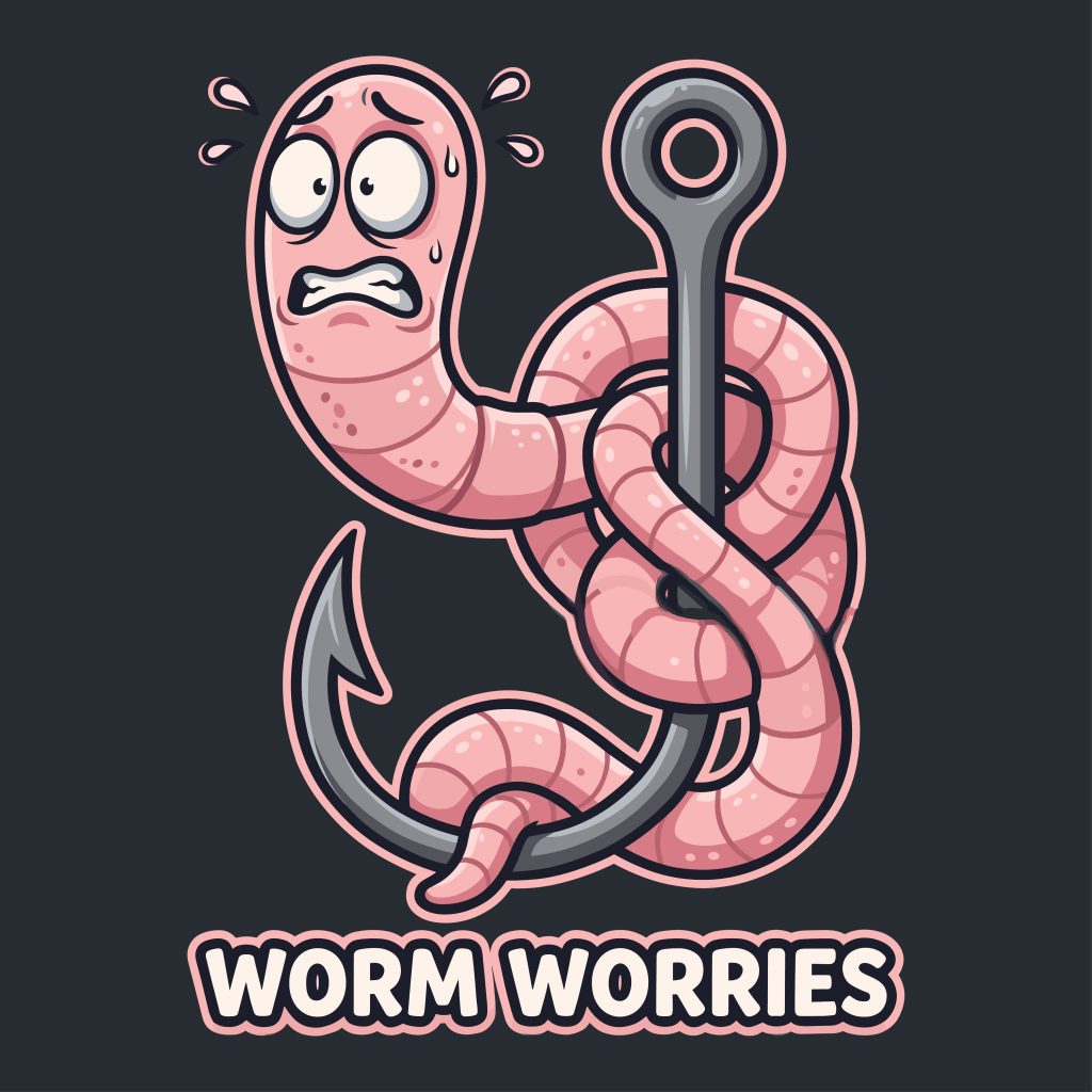 A nervous cartoon pink worm sweating while wrapped around a silver fishing hook with the text Worm Worries.