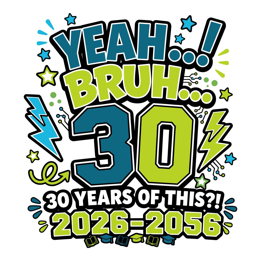 Yeah Bruh 30 Years Of This 2026 to 2056 funny graduation typography graphic design featuring graduation caps, books, and stars.