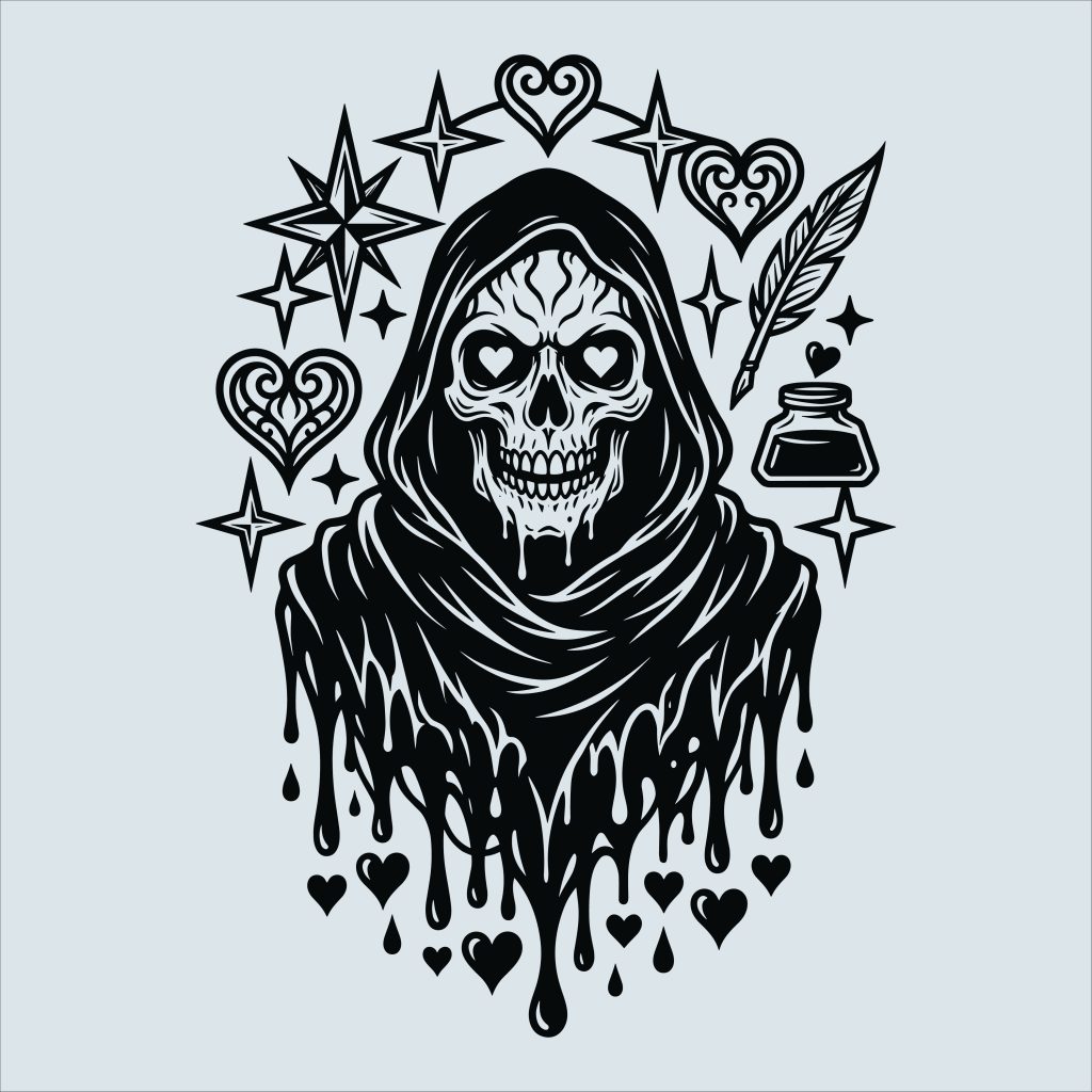 Black and white gothic illustration of a melting hooded skull with heart-shaped eyes, surrounded by glowing stars, decorative hearts, a feather quill, and a glass ink bottle.