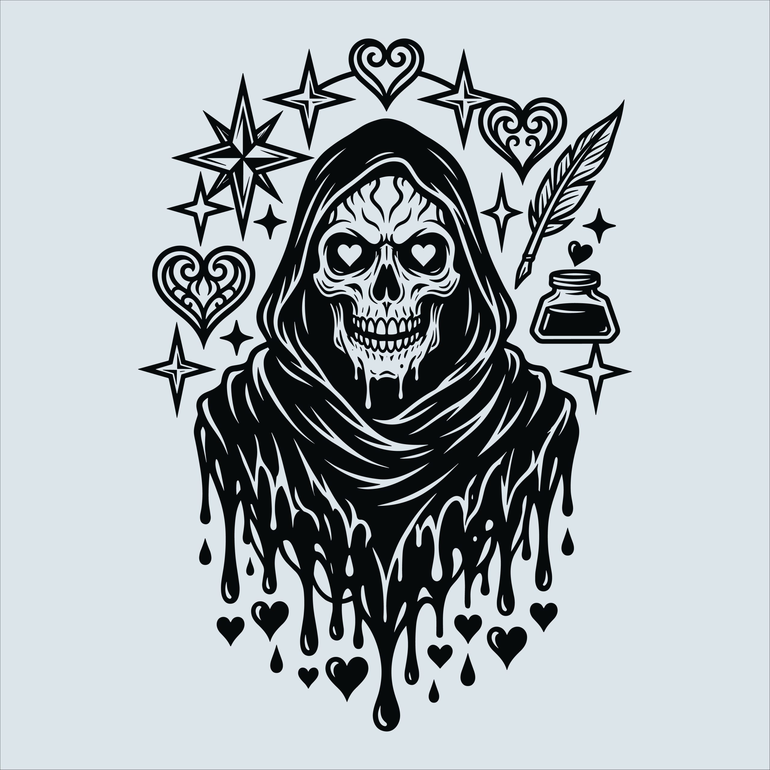 Black and white gothic illustration of a melting hooded skull with heart-shaped eyes, surrounded by glowing stars, decorative hearts, a feather quill, and a glass ink bottle.
