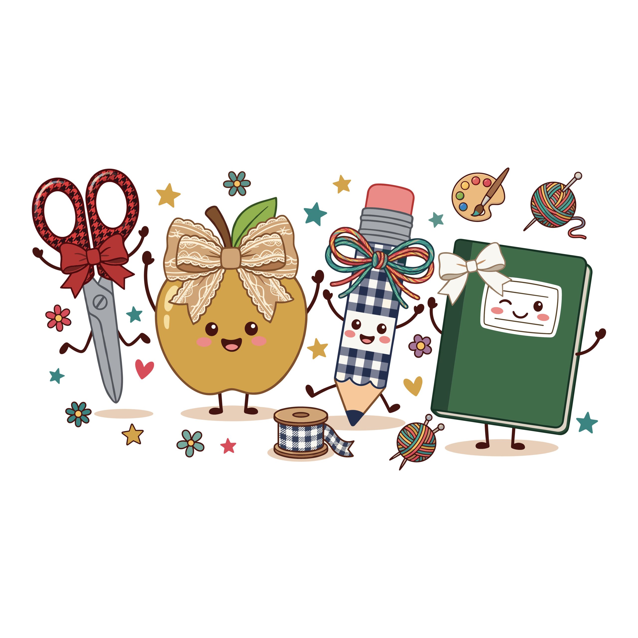 Cute kawaii style school and craft supplies including a smiling apple, pencil, notebook, and scissors decorated with bows.
