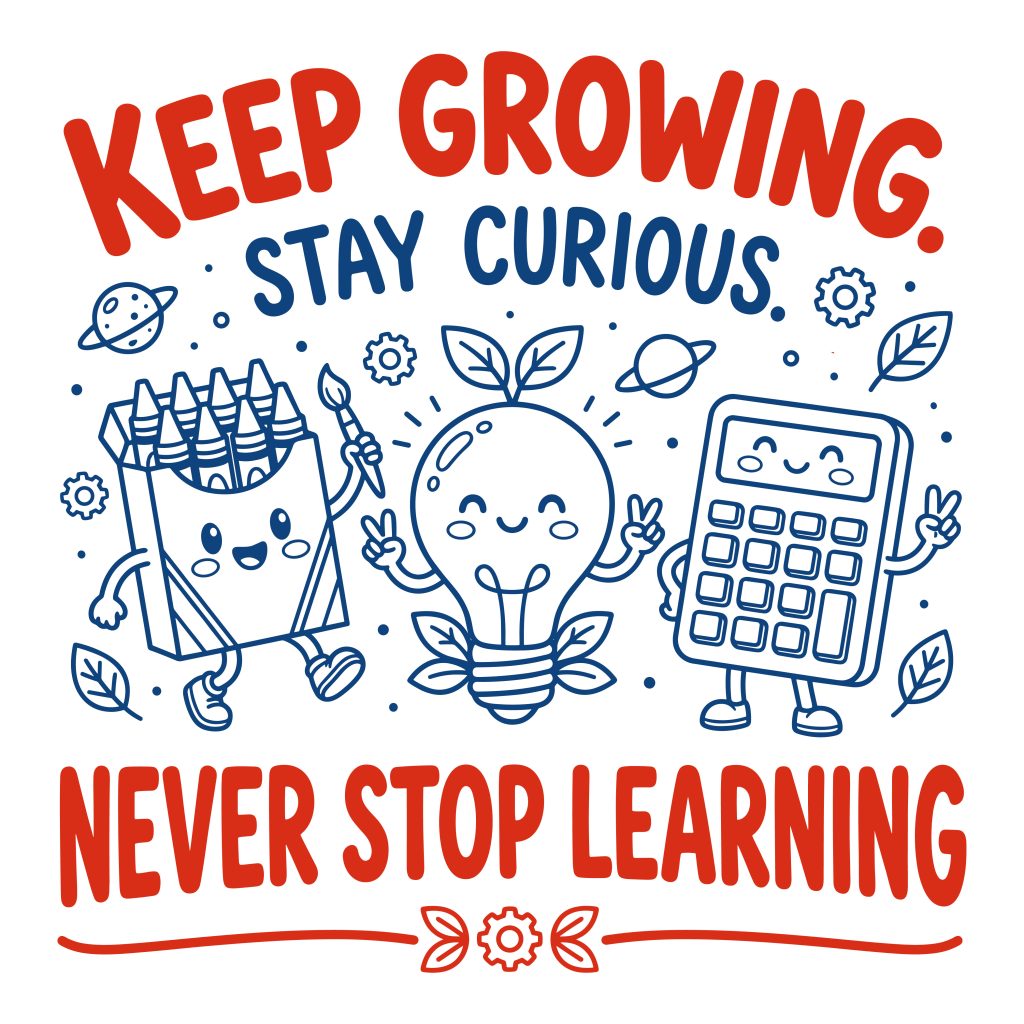 Keep Growing Stay Curious Never Stop Learning motivational educational quote with a cute crayon box, lightbulb, and calculator vector illustration in flat solid colors.