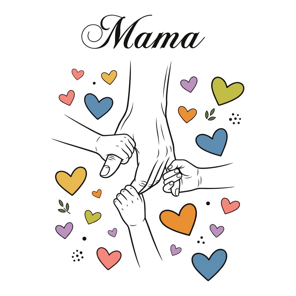 Line art illustration of a mother holding three children's hands surrounded by colorful hearts with the word Mama written in elegant script at the top.