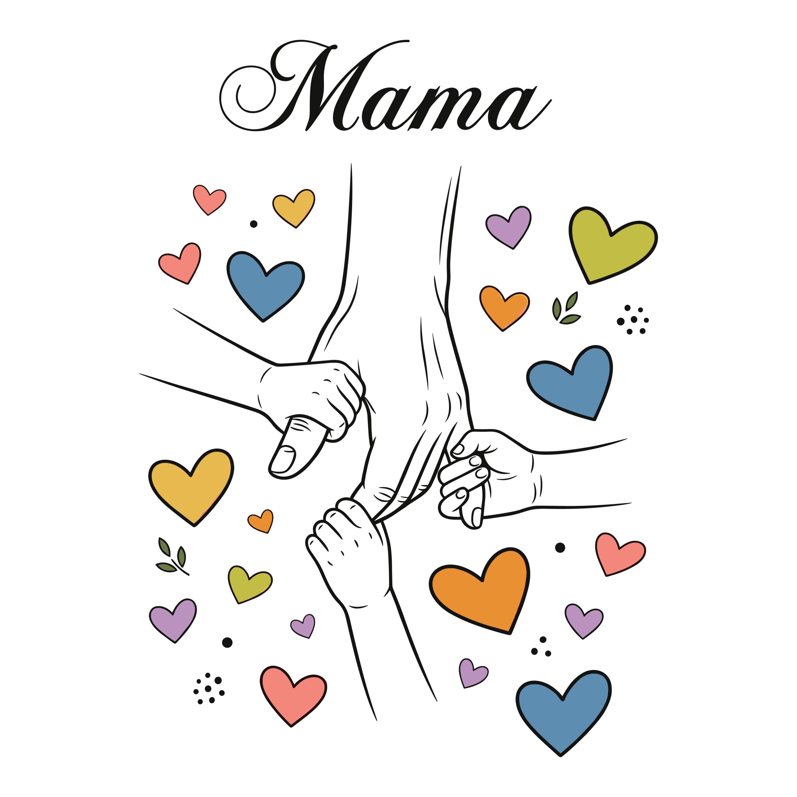 Line art illustration of a mother holding three children's hands surrounded by colorful hearts with the word Mama written in elegant script at the top.
