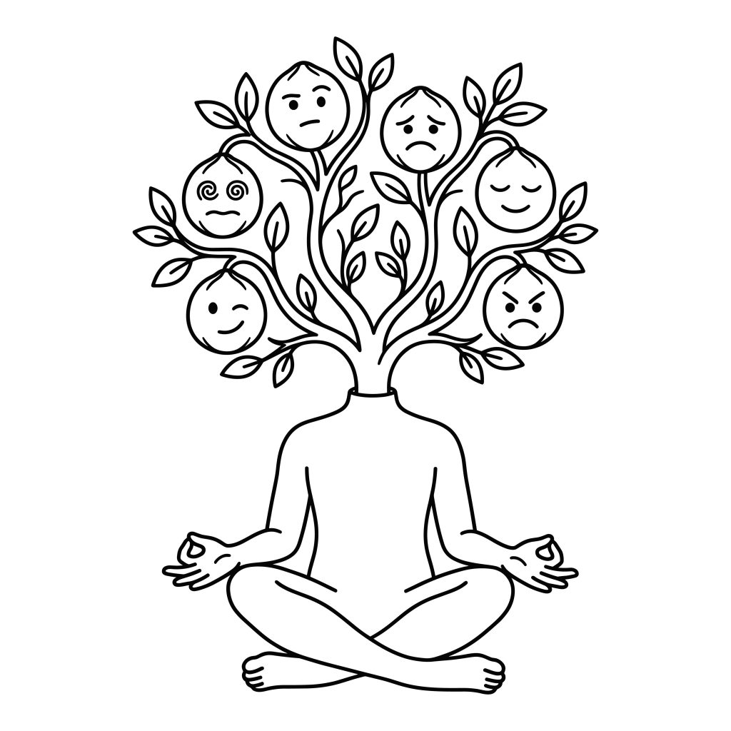 Meditation Tree SVG showing a black and white line art illustration of a zen figure in lotus pose with emotional faces on the branches.