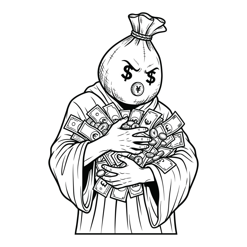 Black and white line art vector illustration of a character with a money bag for a head holding a large pile of cash and global currency coins.