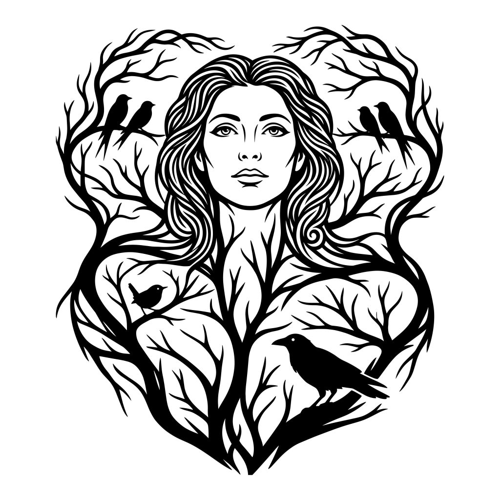 Black and white line art illustration of Mother Nature, featuring a woman's face intertwined with tree branches and birds.