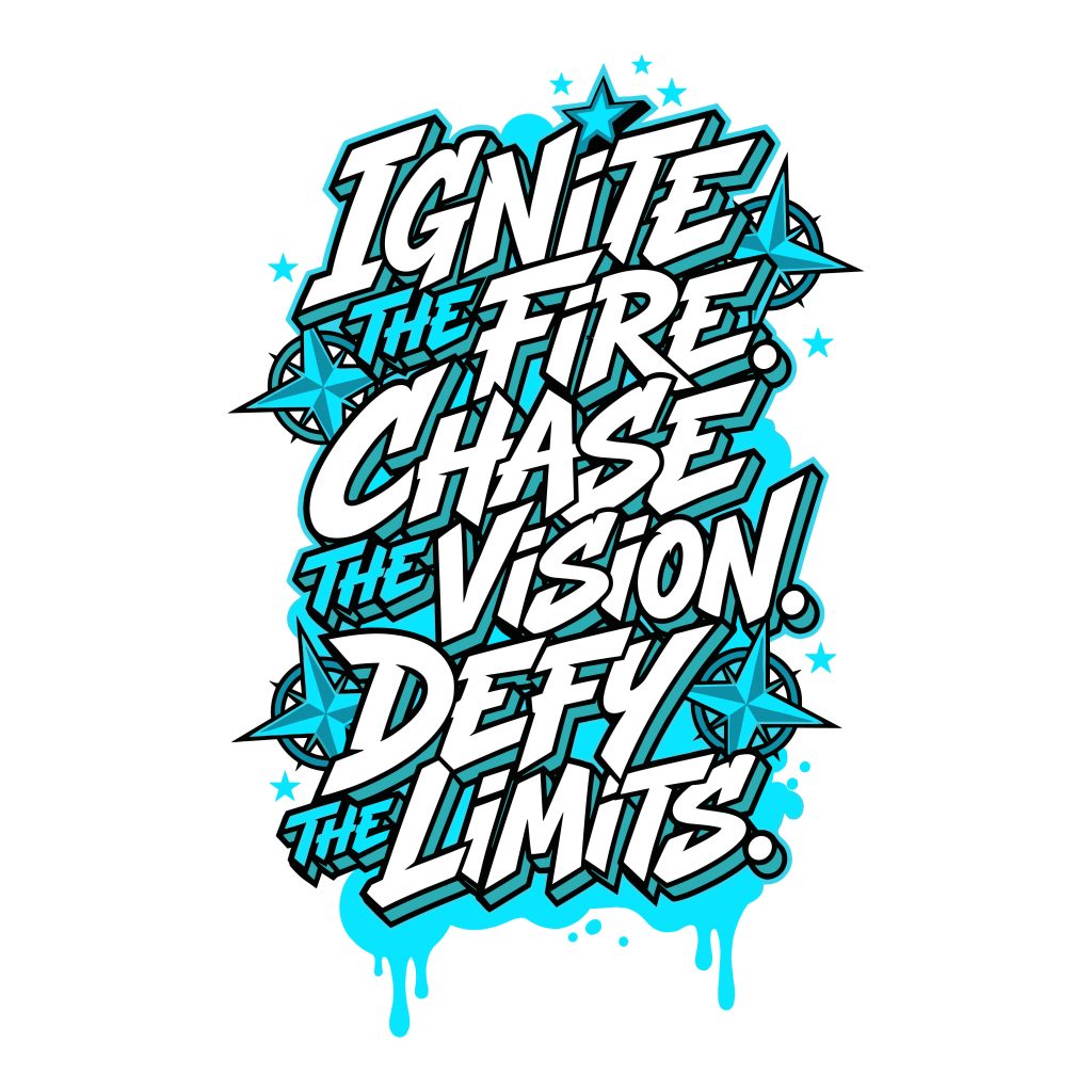 Urban typography motivational quote SVG reading Ignite the Fire Chase the Vision Defy the Limits with blue paint drips and stars.