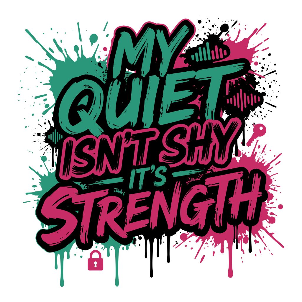 Introvert quote SVG featuring My Quiet Isn't Shy It's Strength bold typography with teal and pink graffiti splatters.
