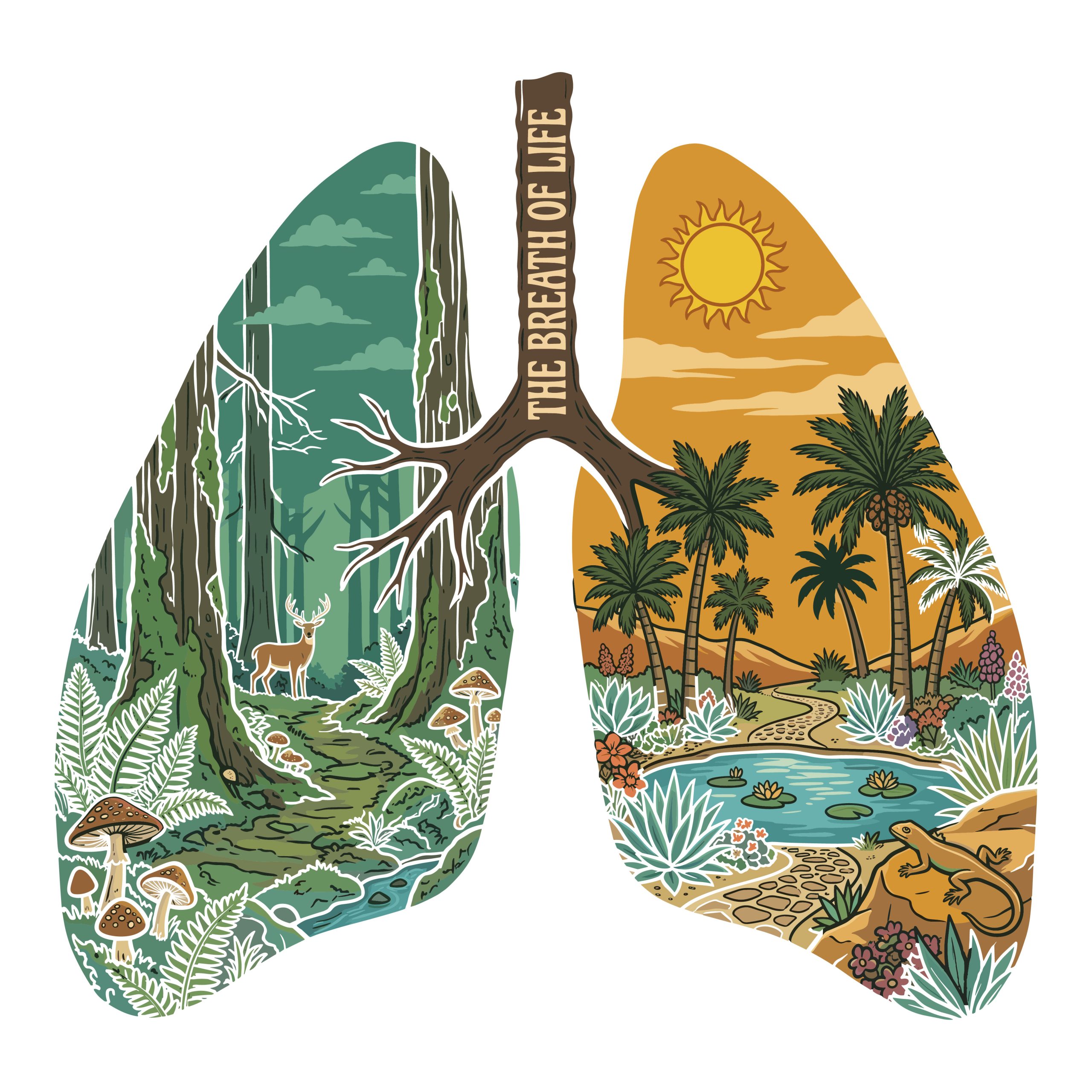 Illustration of human lungs formed by a split nature landscape, featuring a green pine forest with a deer on the left, a sunny desert oasis with palm trees on the right, and a tree trunk windpipe reading the breath of life.