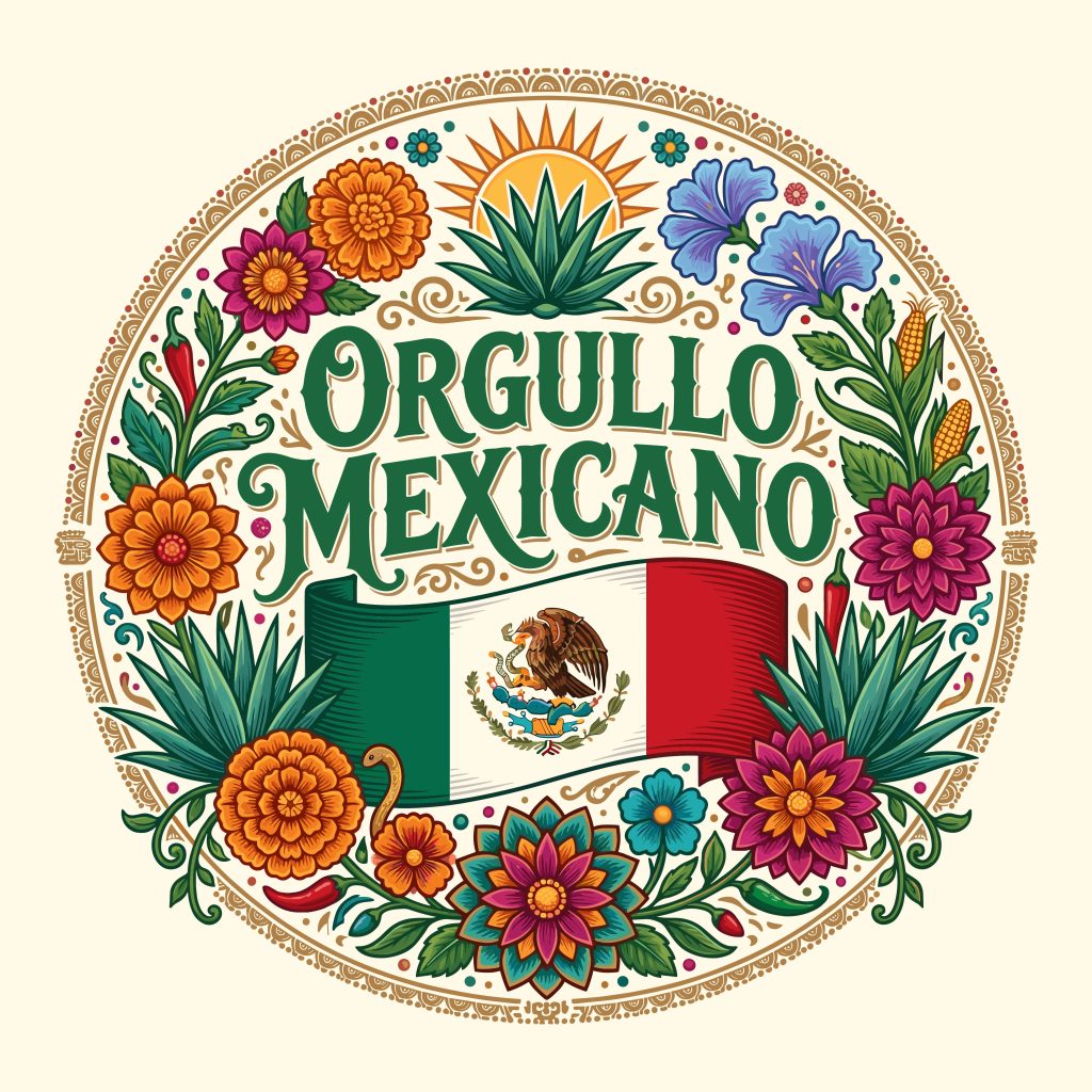 Orgullo Mexicano free SVG design featuring the Mexican flag, eagle, and vibrant floral elements for Cricut and Silhouette crafting.