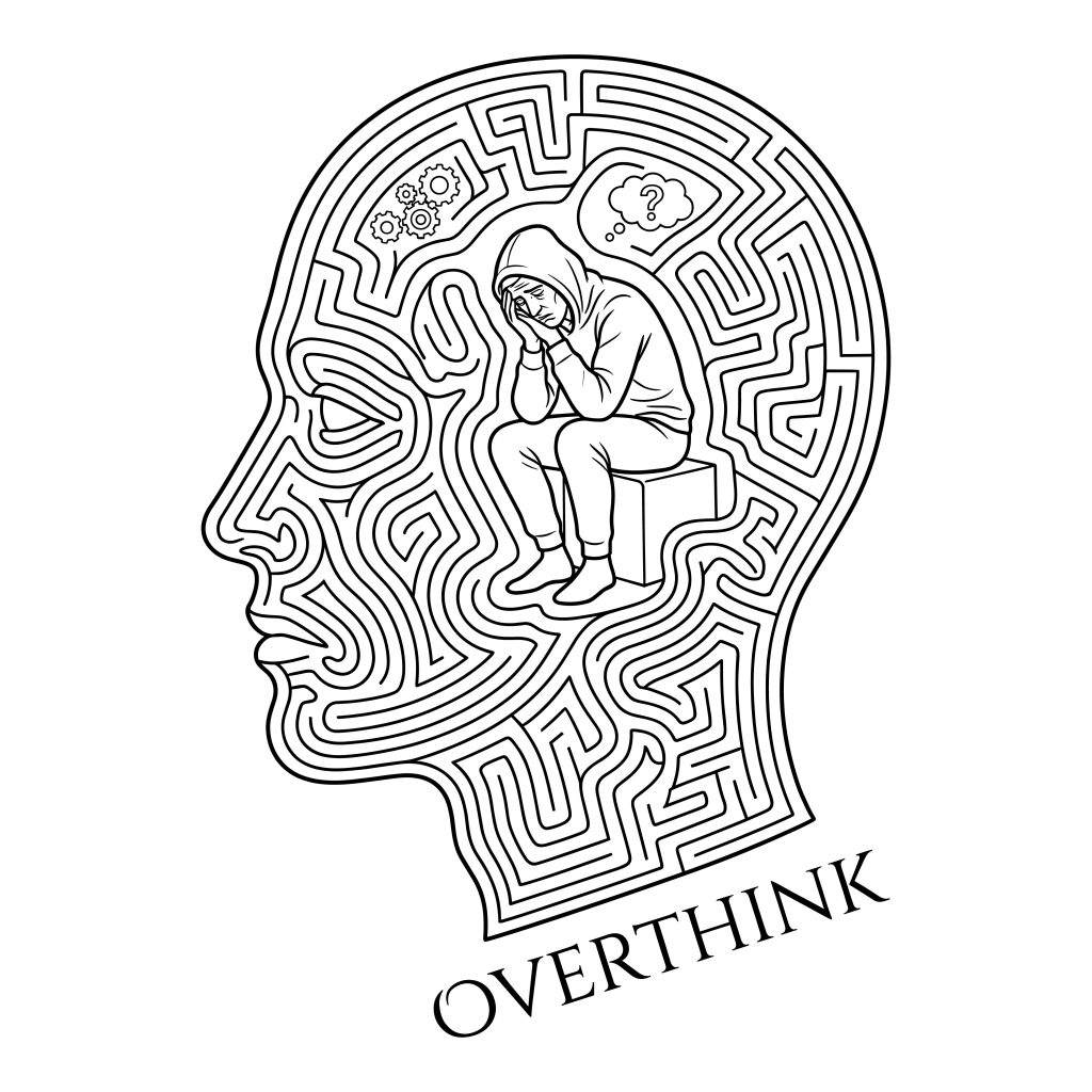 Overthinking SVG vector illustration of a human profile filled with a brain maze, featuring a small person sitting in deep thought.