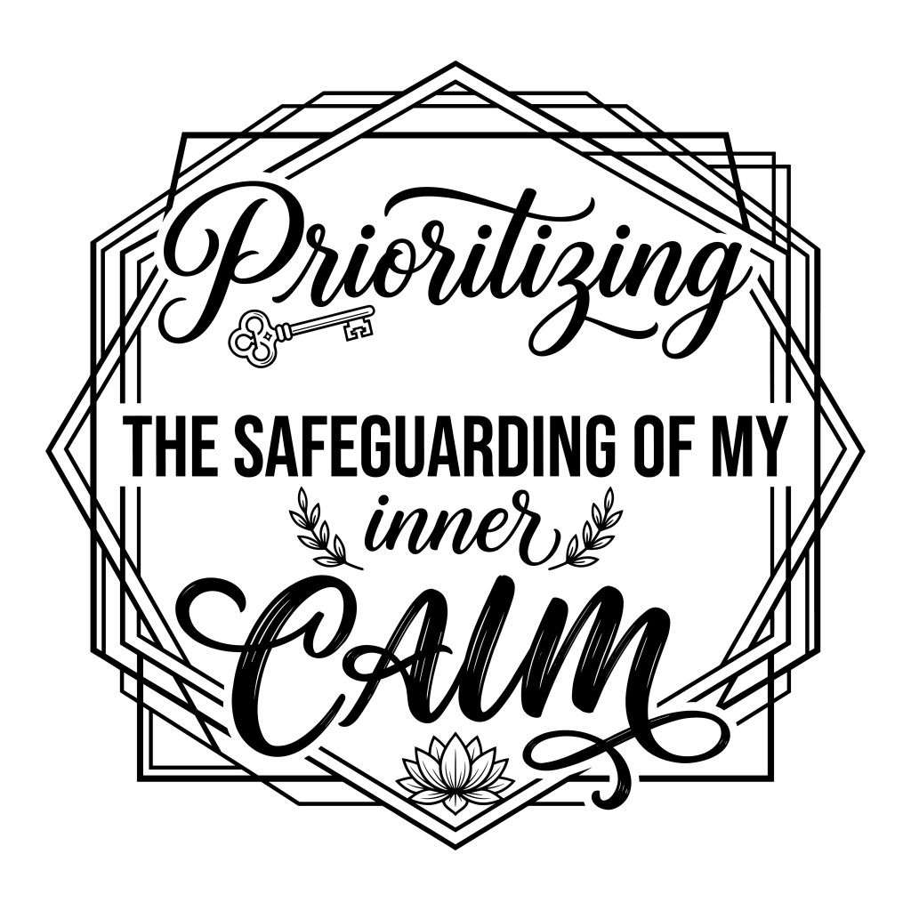 Black and white Self care quote SVG line art design featuring the inspirational prioritizing inner calm text with a lotus flower and key.