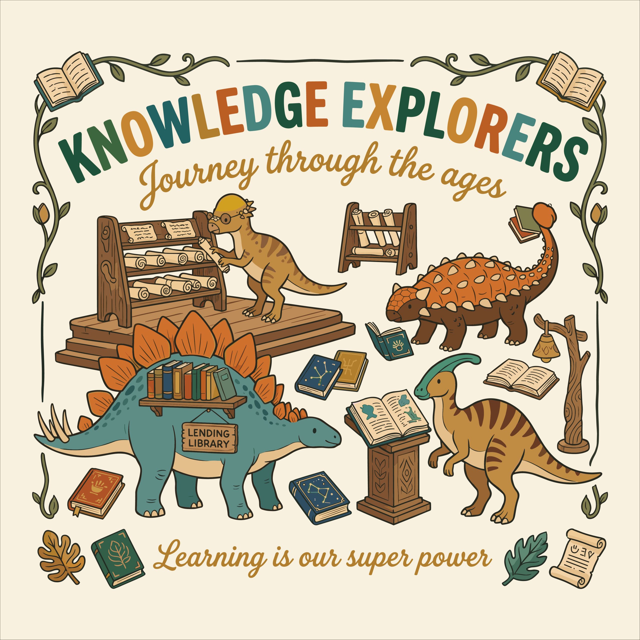 Cute reading dinosaur vector illustration featuring dinosaurs with books, a lending library, and the text Knowledge Explorers Journey through the ages and Learning is our super power.