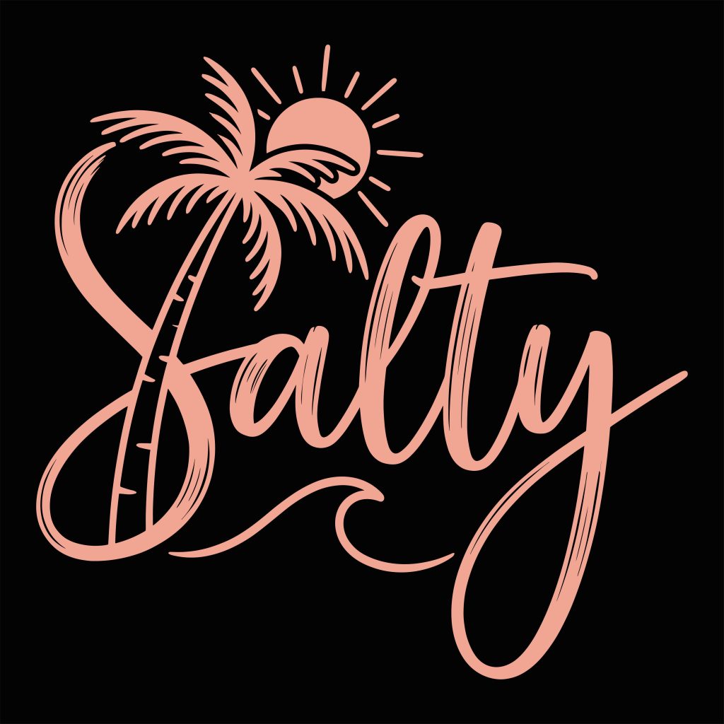 Salty Beach SVG typography design featuring a palm tree, sun, and ocean wave in peach against a black background.