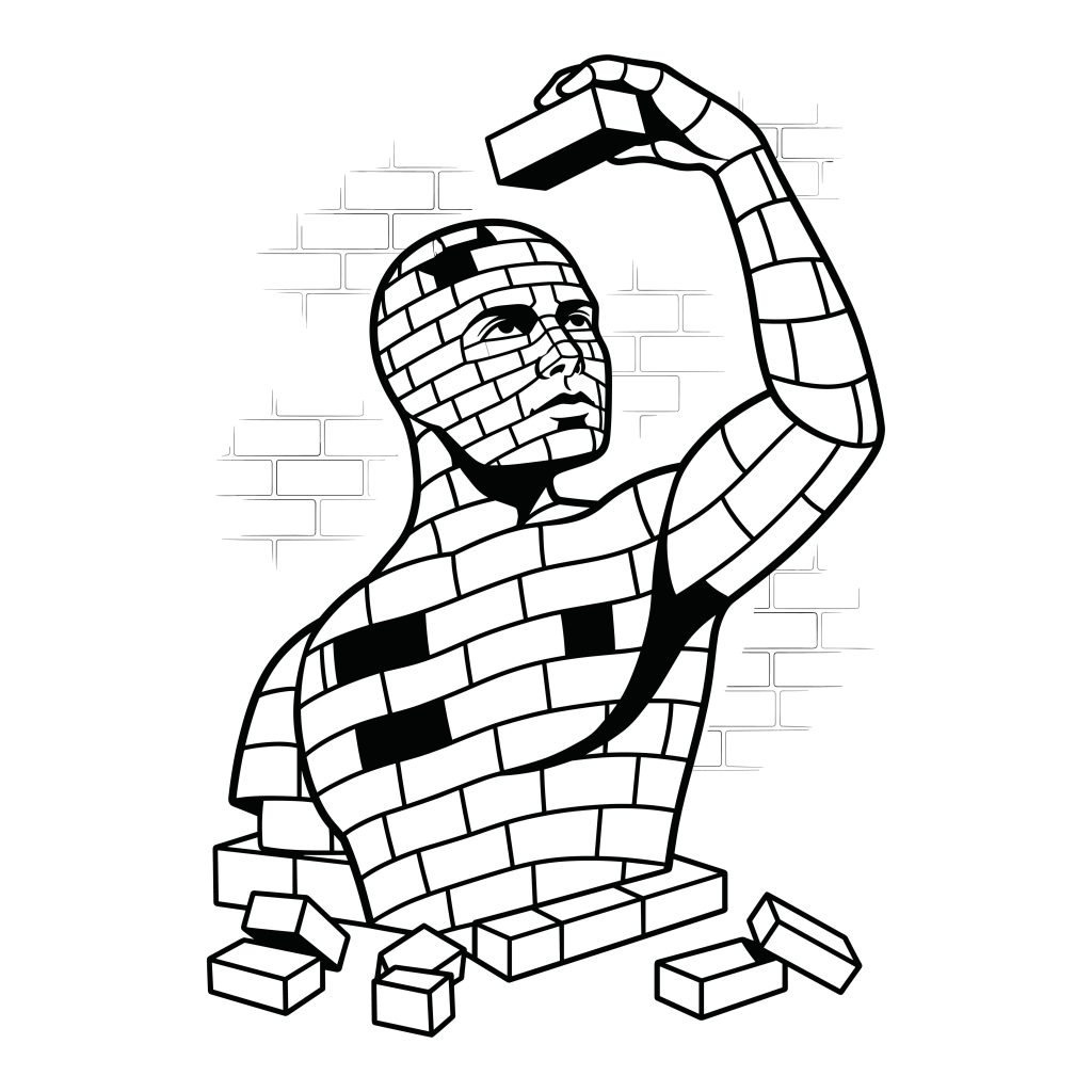 Black and white line art vector illustration of a self-made man building his own body and mind using bricks.
