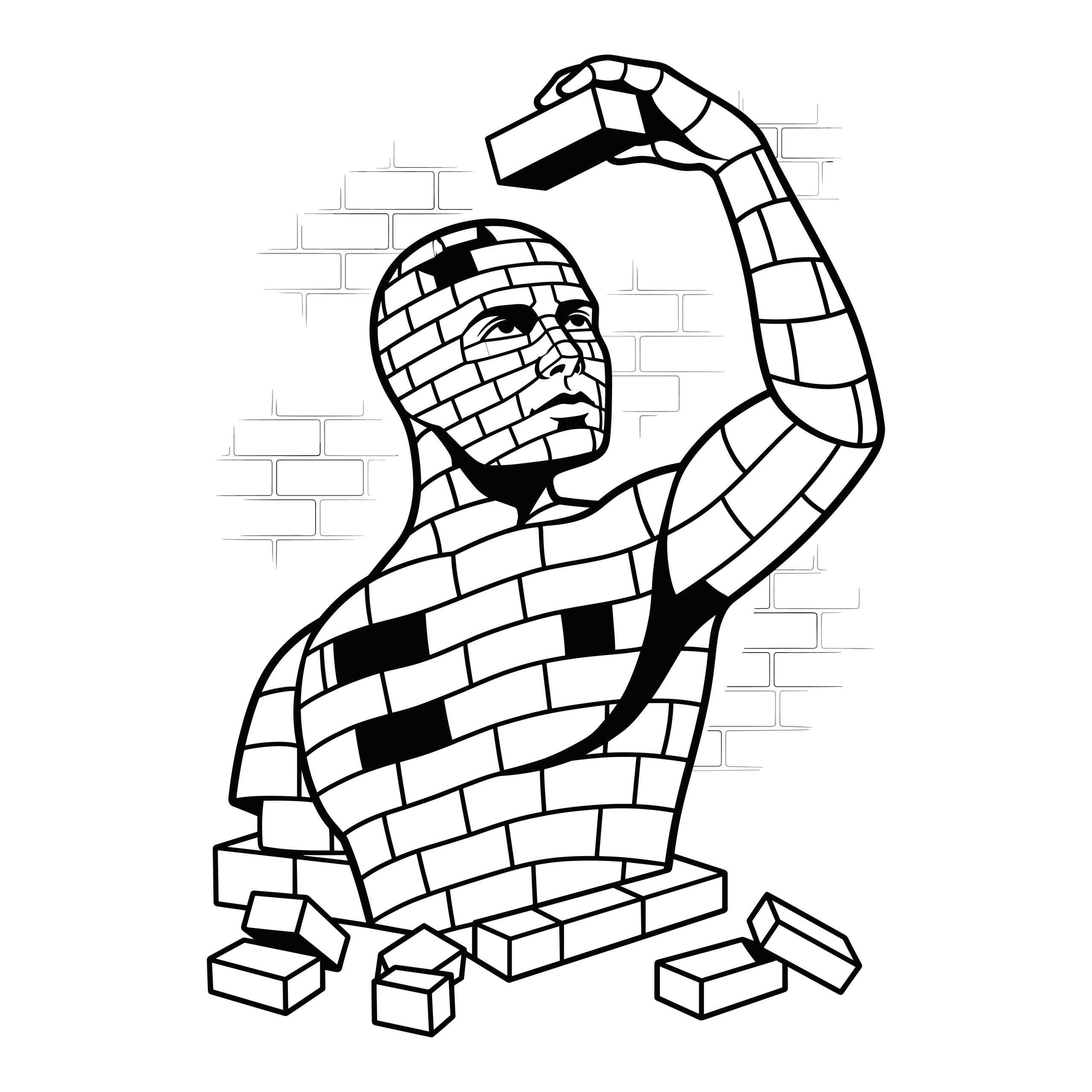 Black and white line art vector illustration of a self-made man building his own body and mind using bricks.