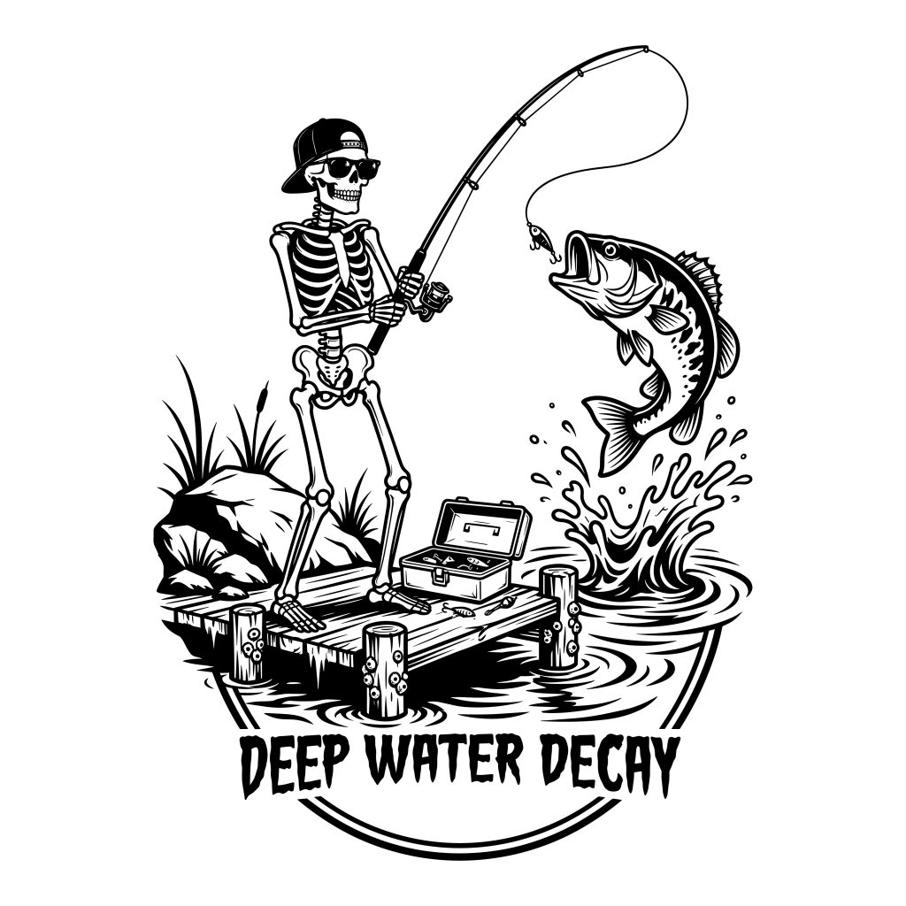 Black and white vector illustration of a skeleton wearing a cap and sunglasses catching a large bass fish from a wooden dock with the text Deep Water Decay.