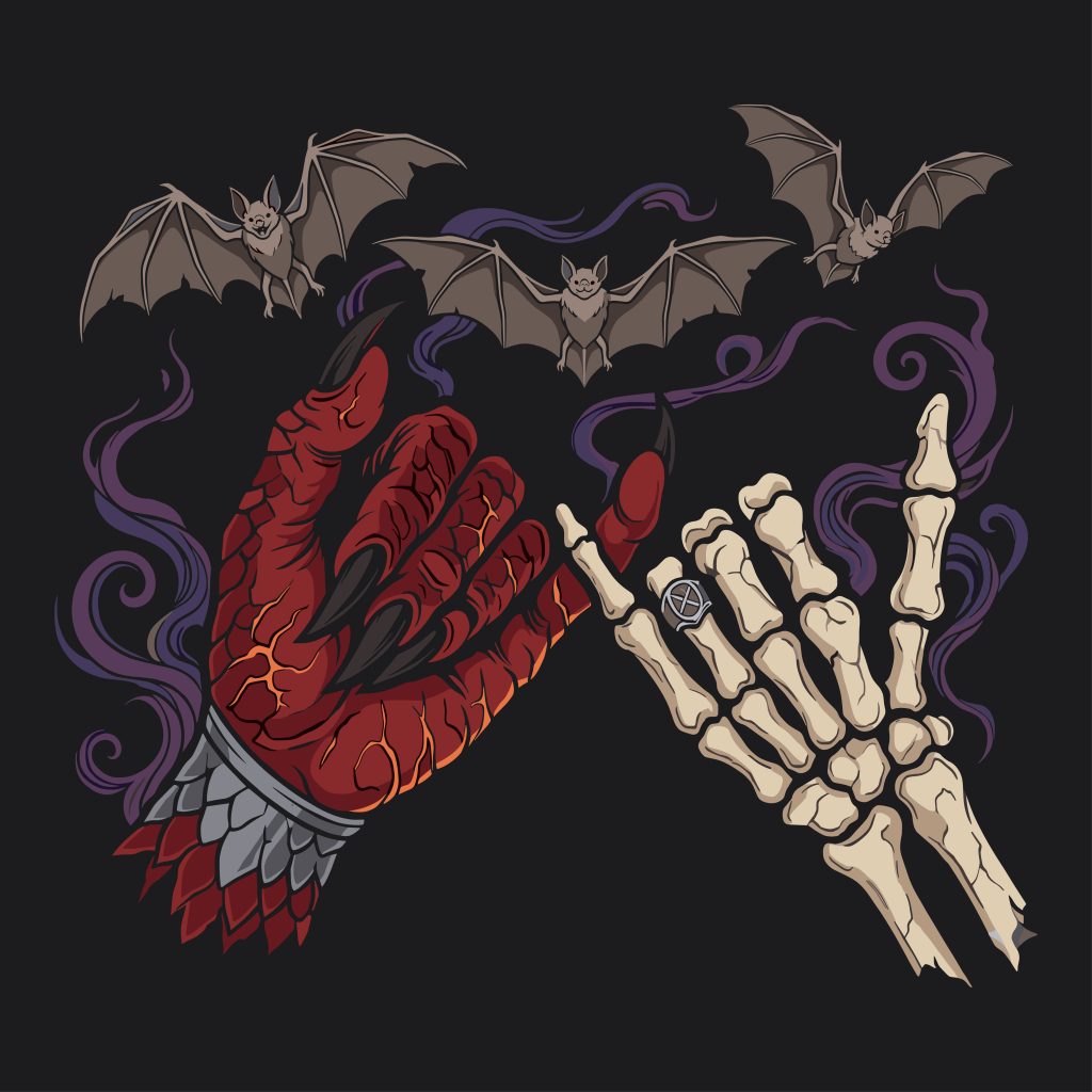 A scaly red demon hand making a pinky promise with a skeleton hand, surrounded by mystical purple smoke and flying bats on a dark background.