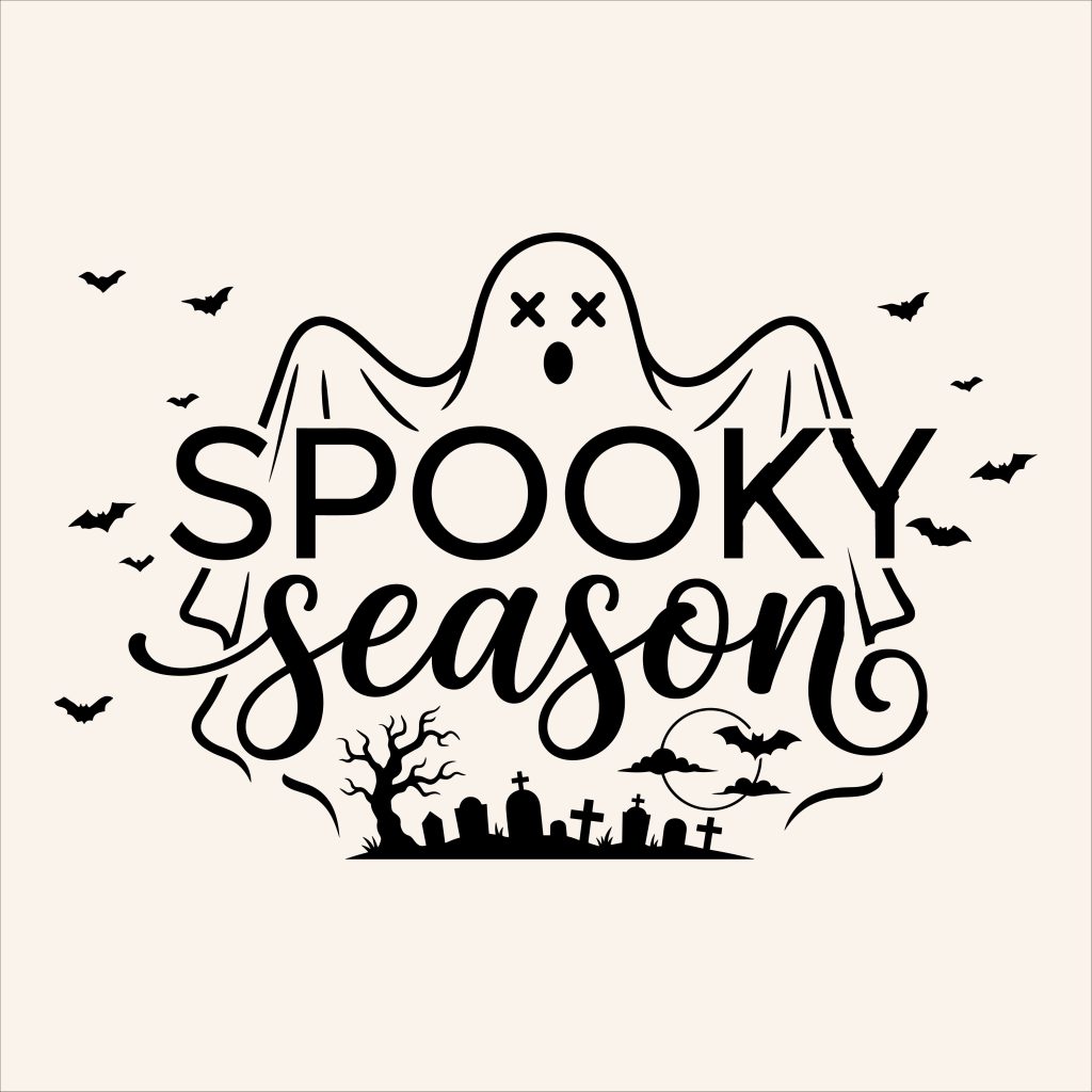 Spooky Season typography with a ghost, graveyard silhouette, and bats Halloween SVG cut file design