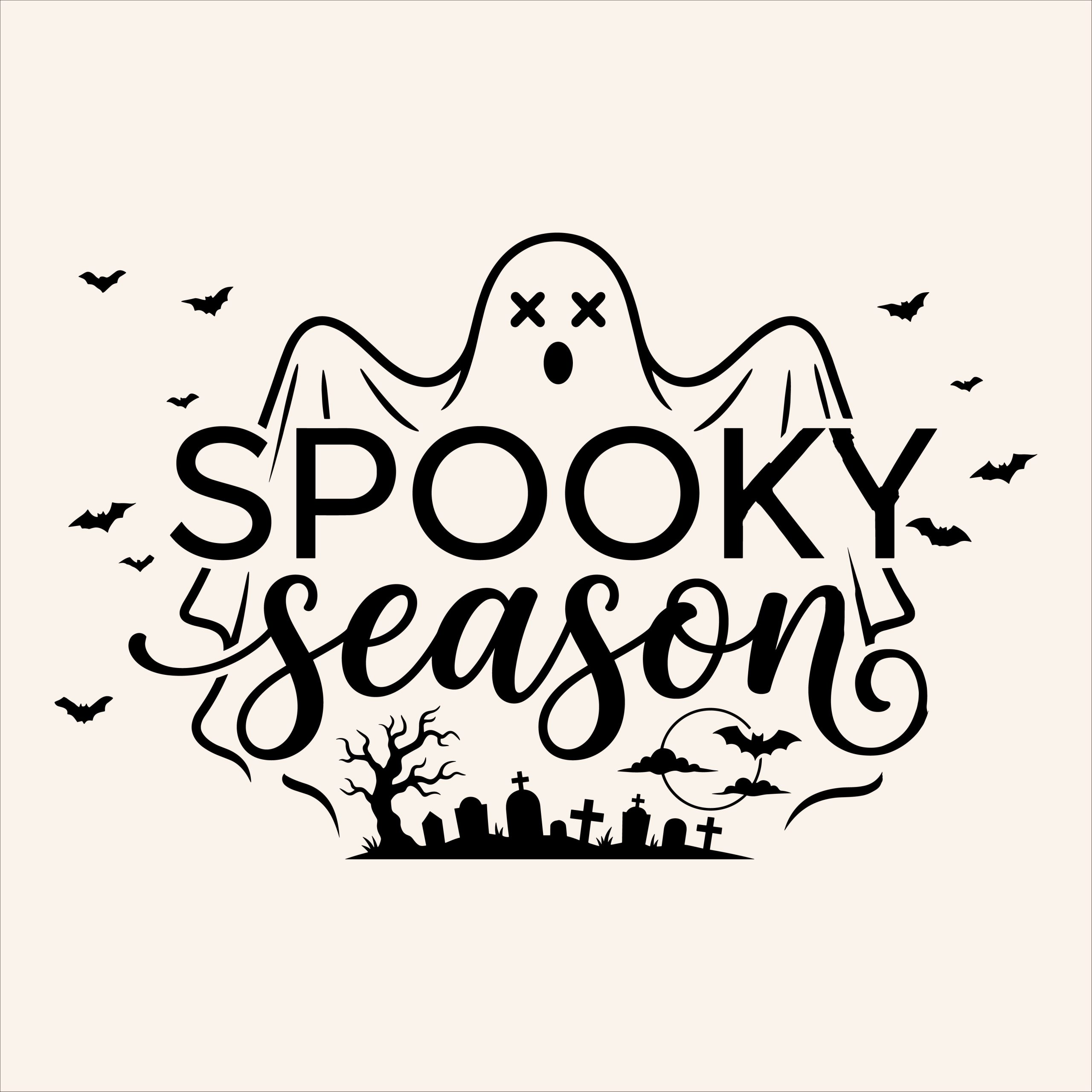 Spooky Season typography with a ghost, graveyard silhouette, and bats Halloween SVG cut file design