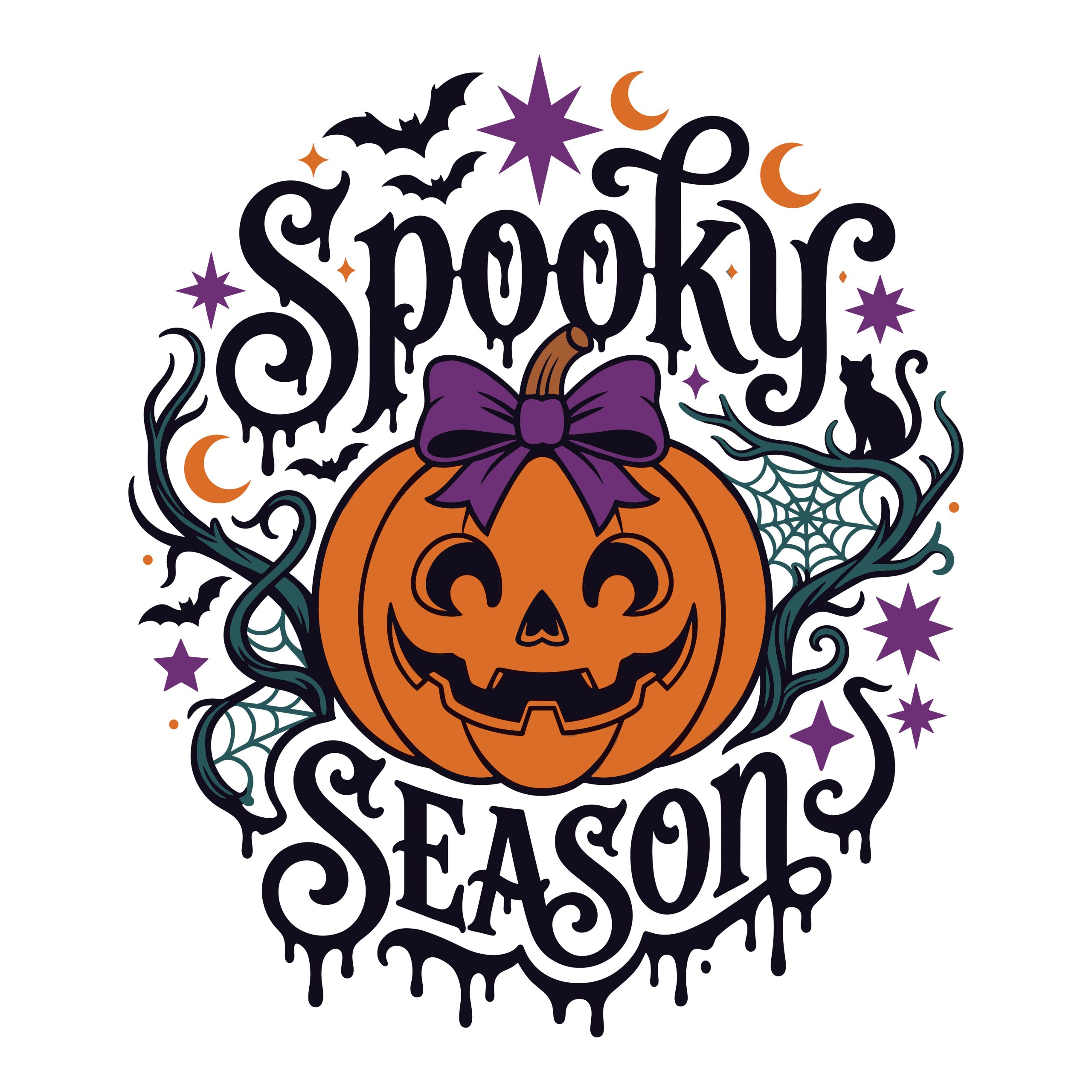 A festive Halloween graphic featuring the words Spooky Season surrounded by a pumpkin with a purple bow a black cat bats and spiderwebs