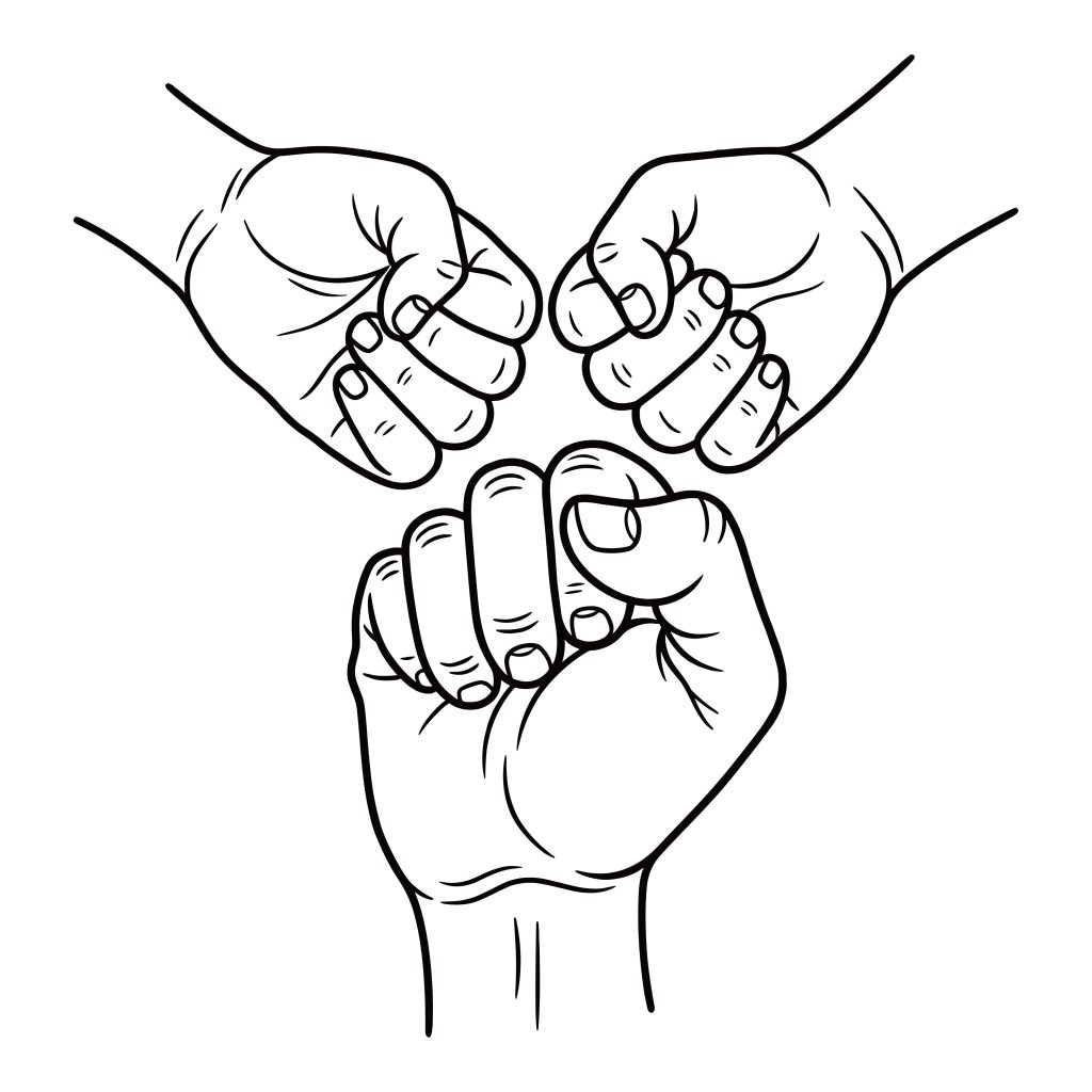 Three hands coming together in a teamwork fist bump, minimalist black and white line art vector illustration.
