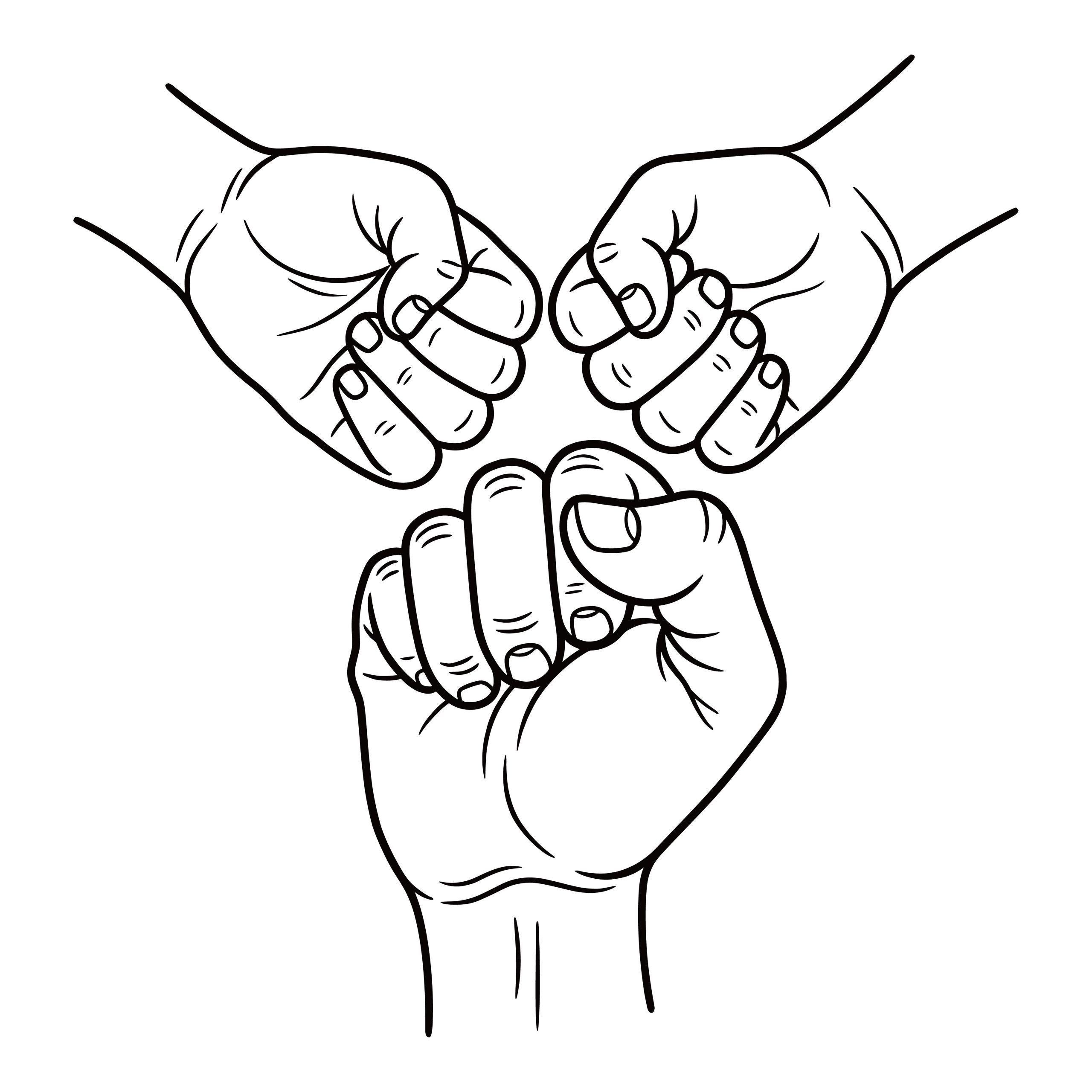 Three hands coming together in a teamwork fist bump, minimalist black and white line art vector illustration.