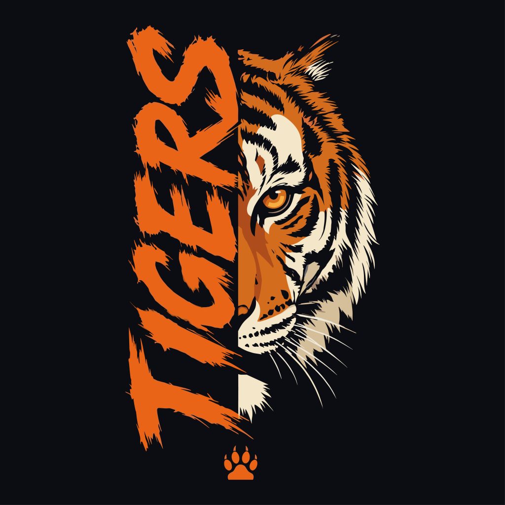 Half tiger face blending into bold grunge TIGERS text vector graphic design.