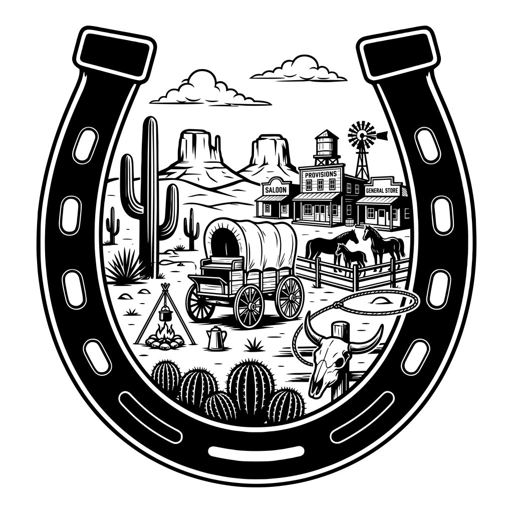 Black and white vintage Wild West desert scene framed inside a horseshoe, featuring a covered wagon, pioneer town, cacti, and a campfire.