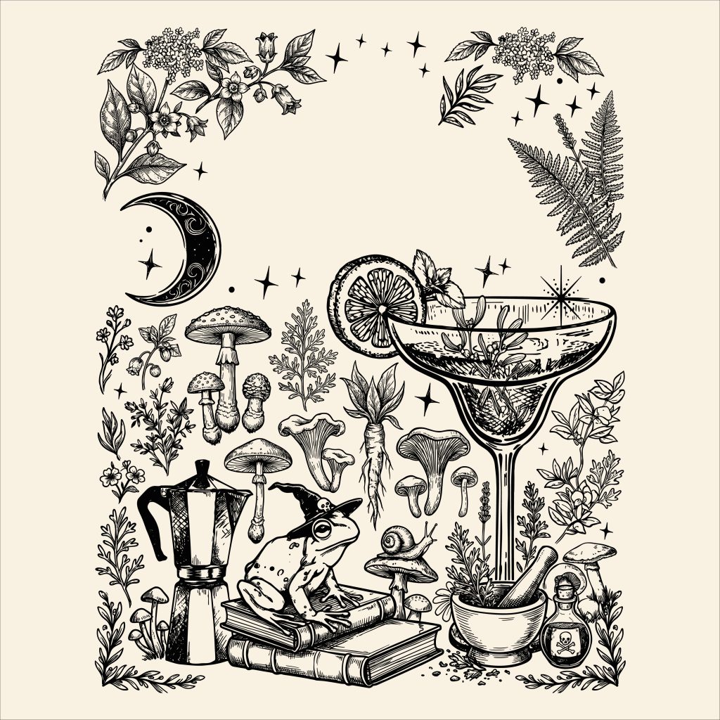 Witchy apothecary vector illustration of a magical frog with a witch hat on books, surrounded by potions, mushrooms, a moon, and botanical elements.