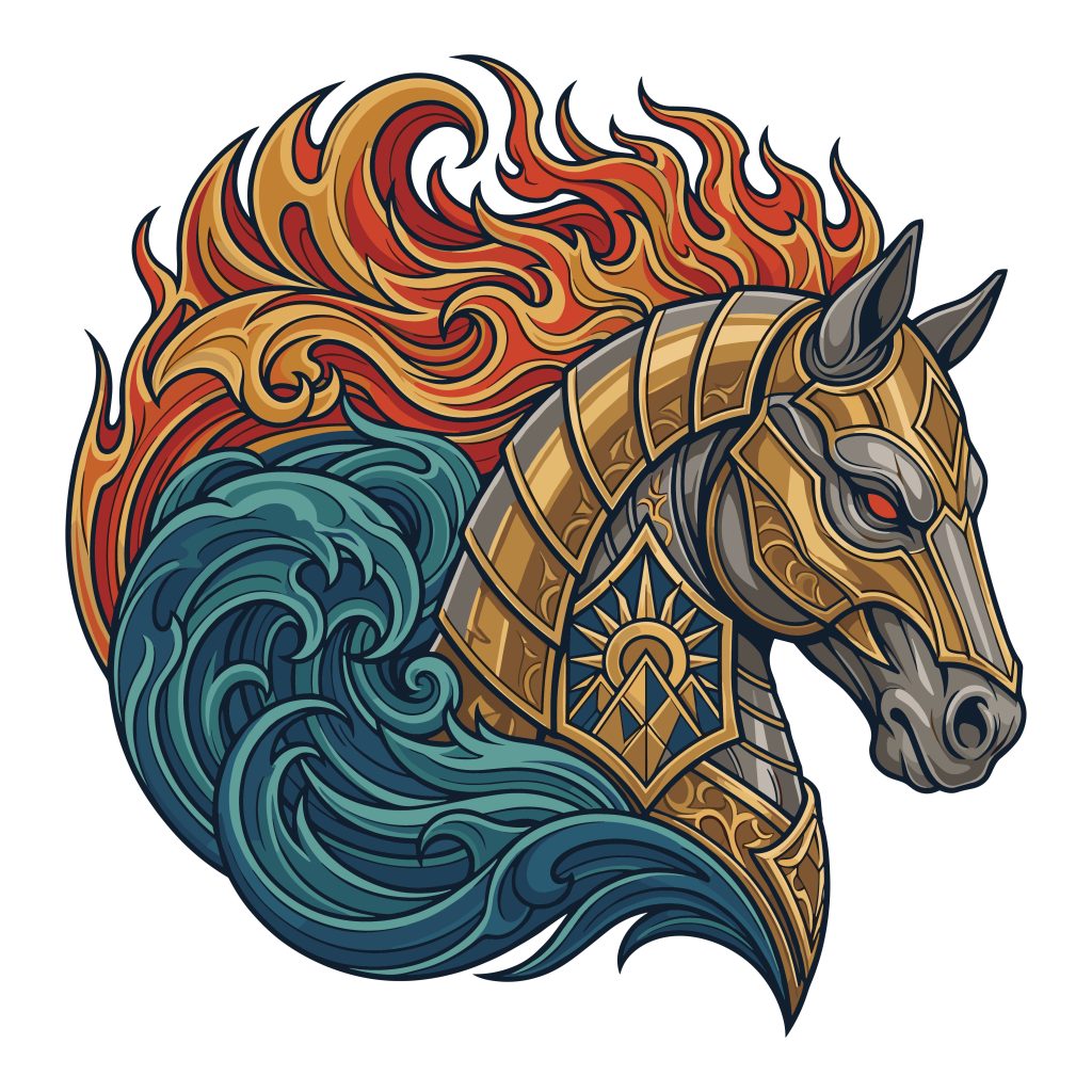Armored horse profile vector graphic featuring a mane of burning fire and a base of crashing water waves.