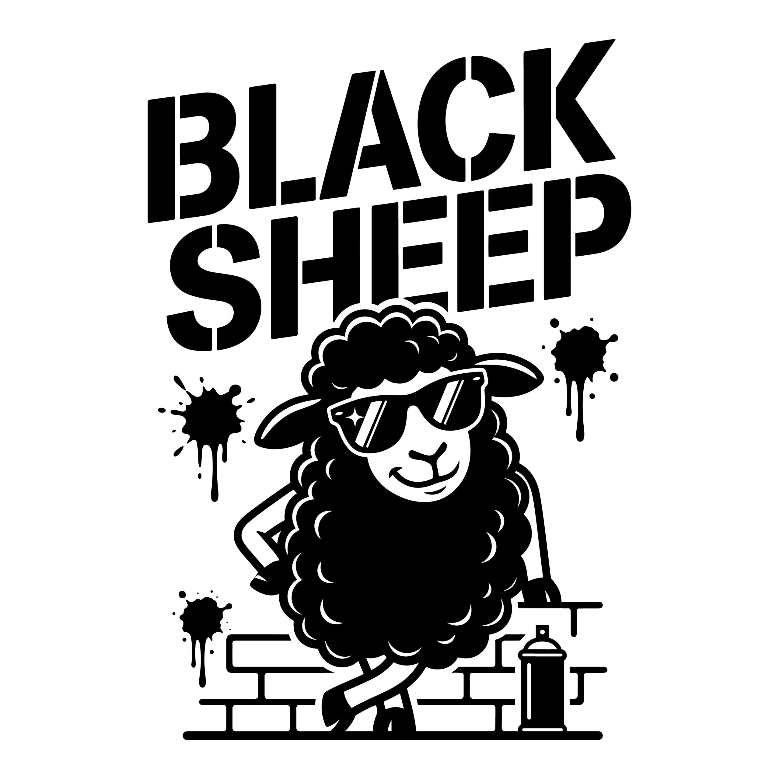 Black sheep wearing sunglasses leaning on a brick wall with graffiti spray paint, free vector SVG design.
