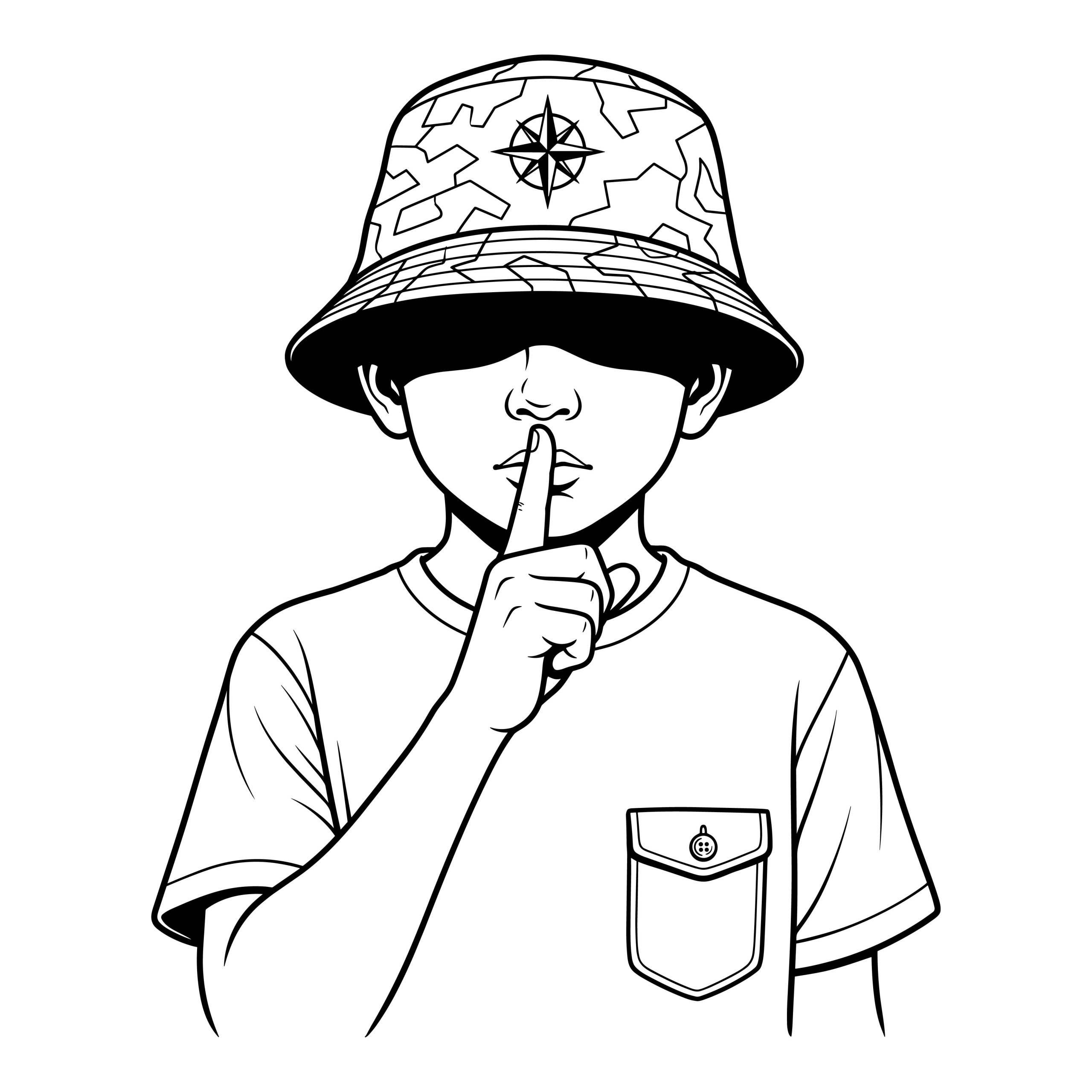 Black and white line art vector illustration of a boy wearing a compass bucket hat making a shh silence gesture.