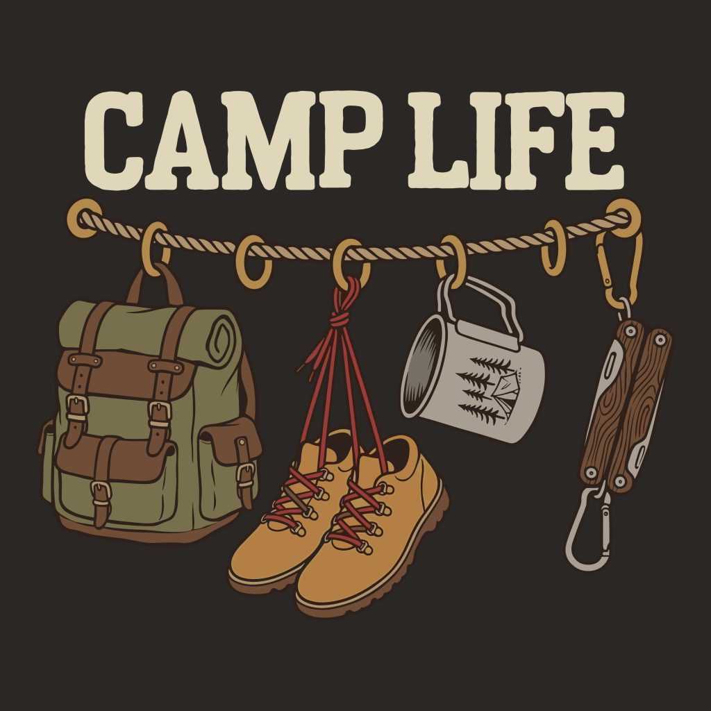 Camp life vector design featuring a hiking backpack, boots, camping mug, and multi-tool hanging on a rope.