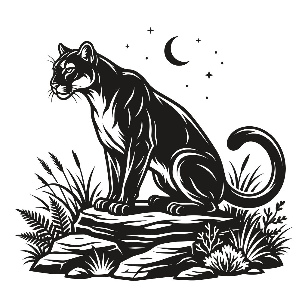 Black and white vector illustration of a majestic panther sitting on a rock under a crescent moon and stars, surrounded by ferns and grass.