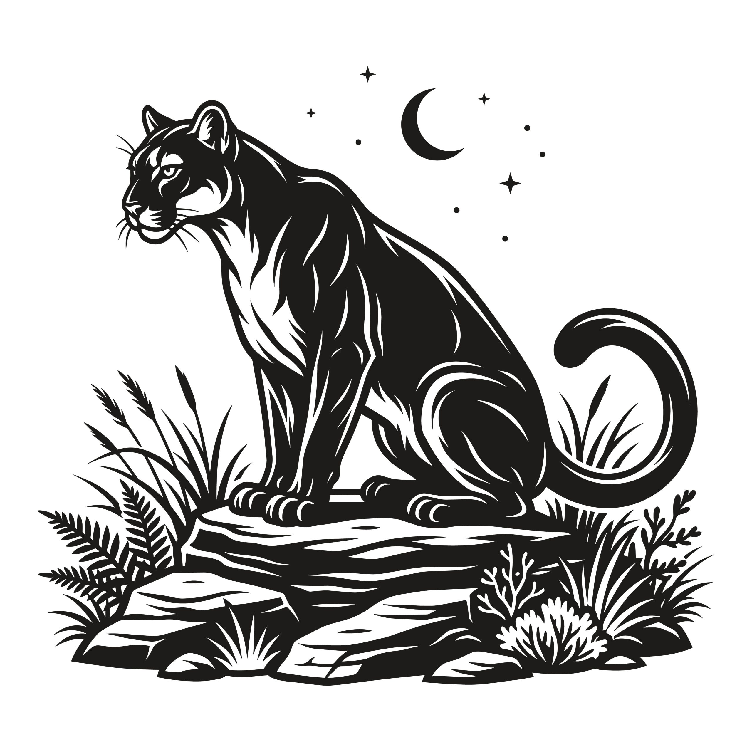 Black and white vector illustration of a majestic panther sitting on a rock under a crescent moon and stars, surrounded by ferns and grass.