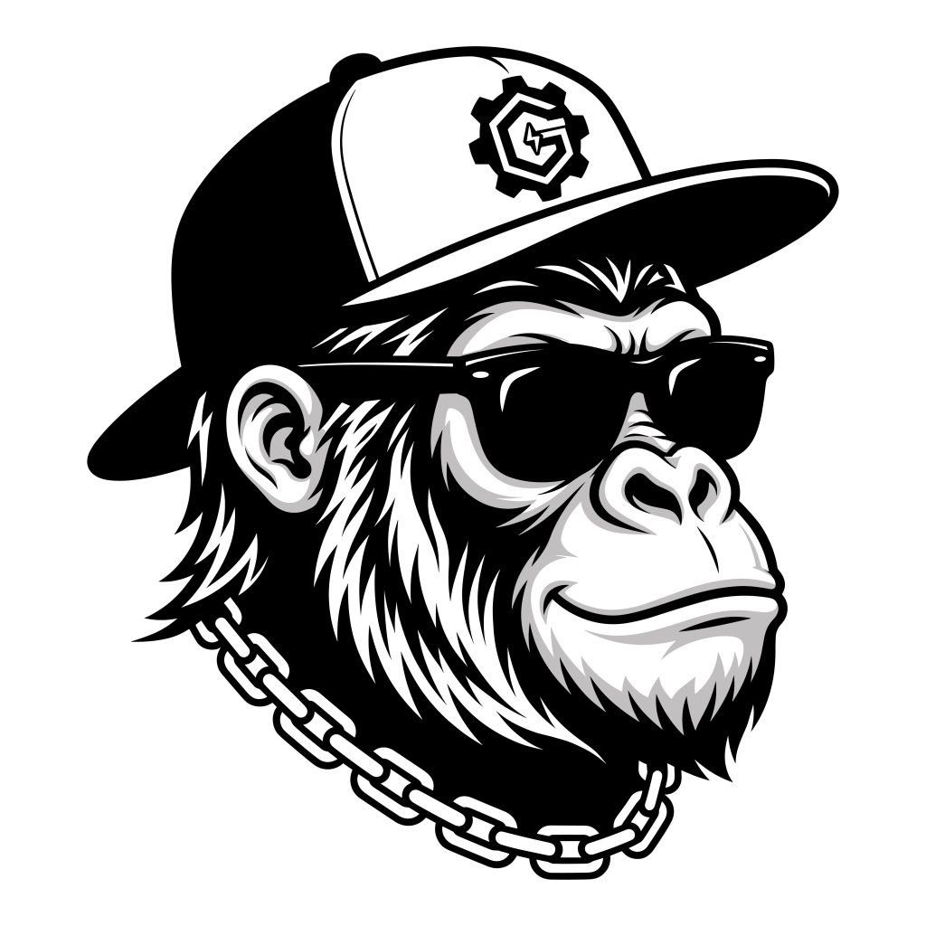Black and white vector illustration of a cool gorilla wearing a baseball cap with a gear logo, dark sunglasses, and a thick chain necklace.