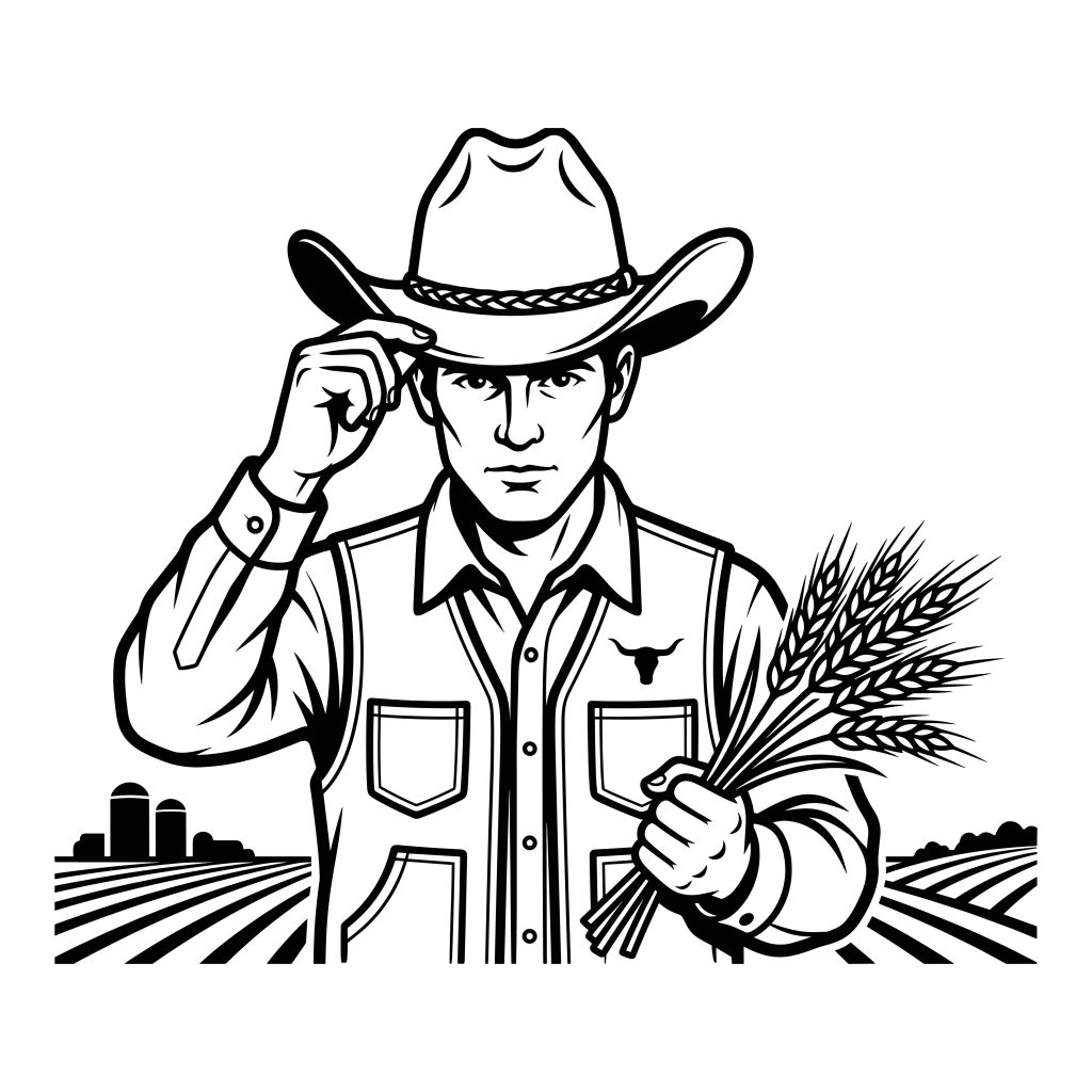 Black and white line art vector illustration of a cowboy farmer holding a bundle of wheat with agricultural fields and silos in the background.