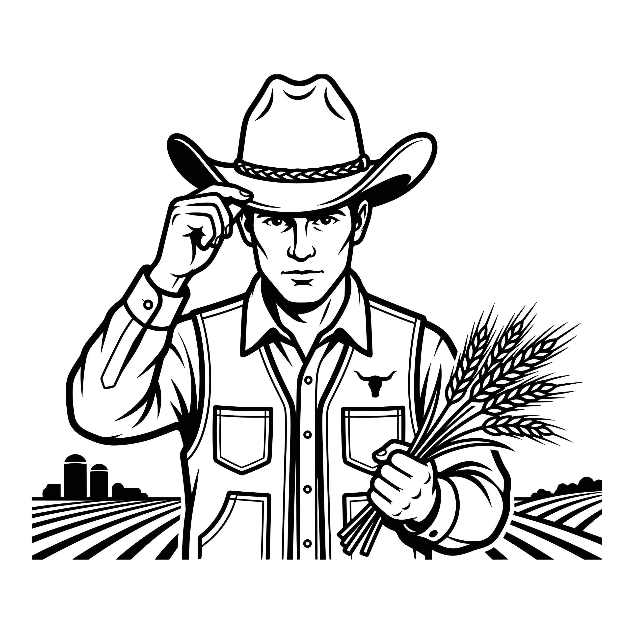 Black and white line art vector illustration of a cowboy farmer holding a bundle of wheat with agricultural fields and silos in the background.