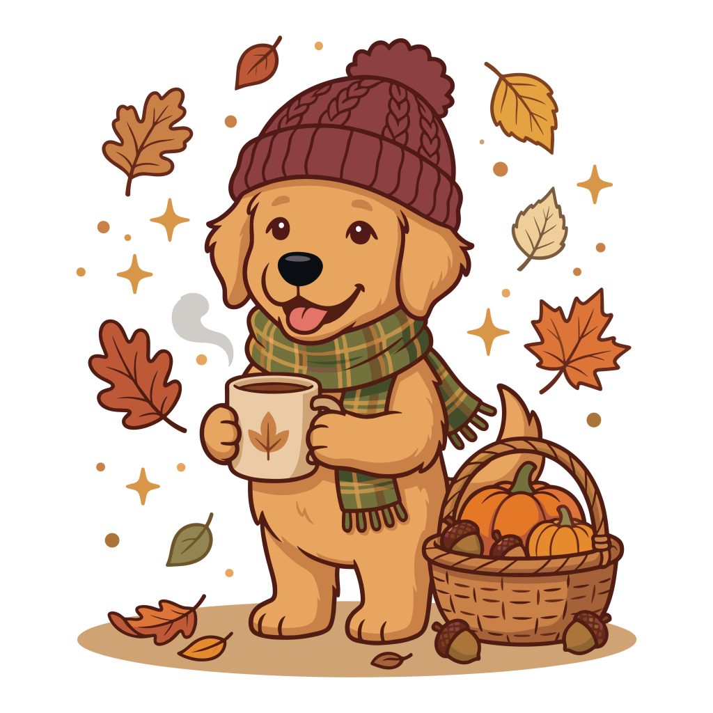 Autumn dog SVG illustration of a golden retriever puppy wearing a beanie and scarf, holding a coffee mug next to a basket of pumpkins.