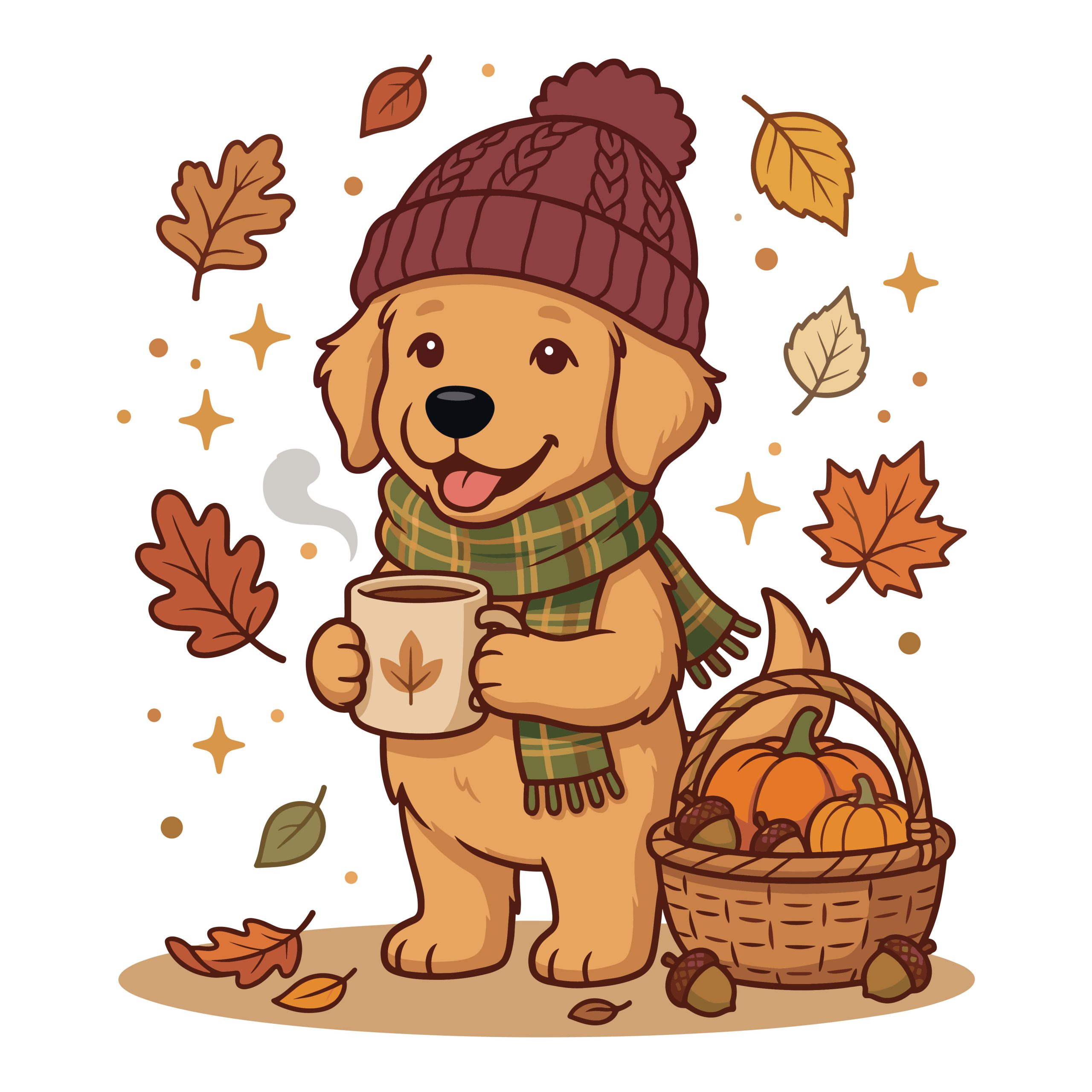 Autumn dog SVG illustration of a golden retriever puppy wearing a beanie and scarf, holding a coffee mug next to a basket of pumpkins.
