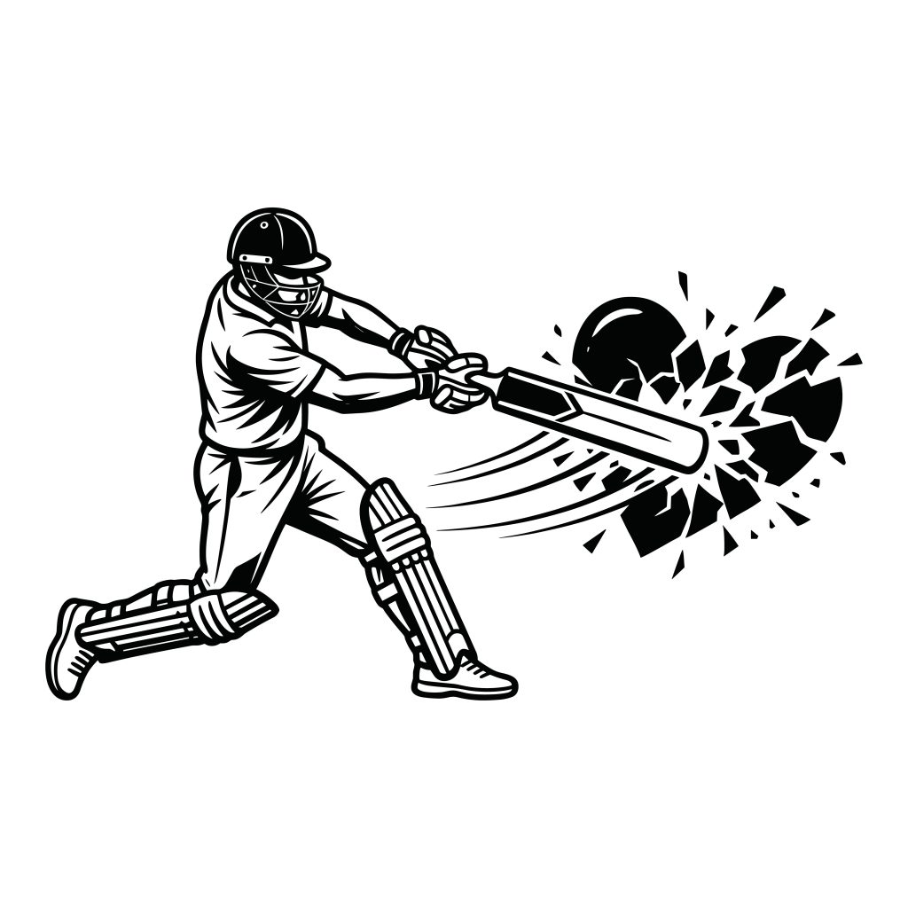 Black and white vector illustration of a cricket player swinging a bat and shattering a heart shape