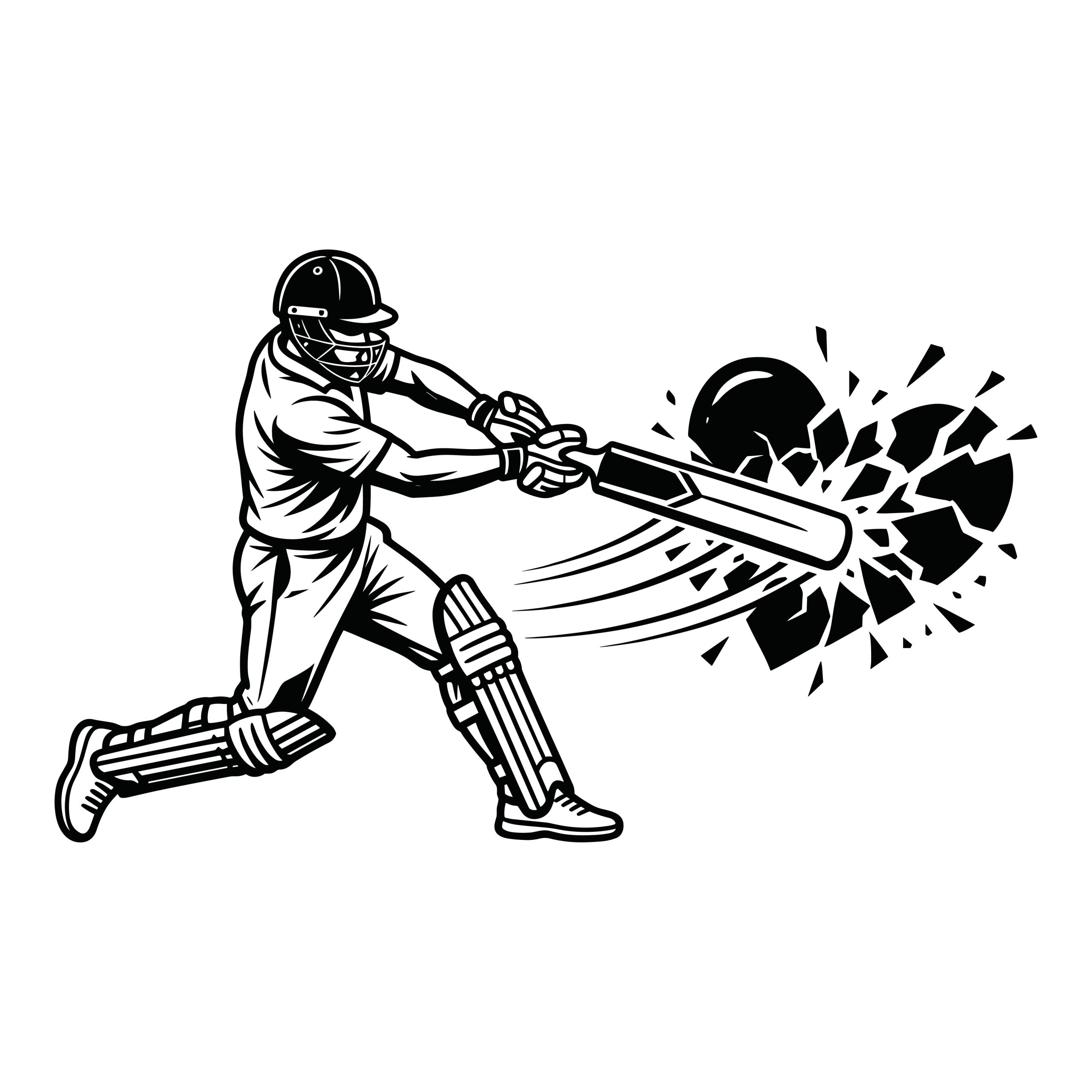 Black and white vector illustration of a cricket player swinging a bat and shattering a heart shape