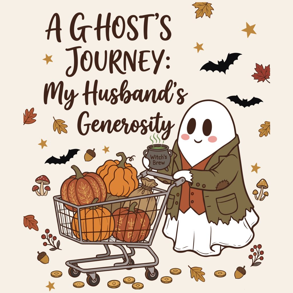 Cute Halloween ghost wearing a ragged jacket pushing a shopping cart full of pumpkins surrounded by autumn leaves and bats, with text reading A Ghost's Journey My Husband's Generosity.