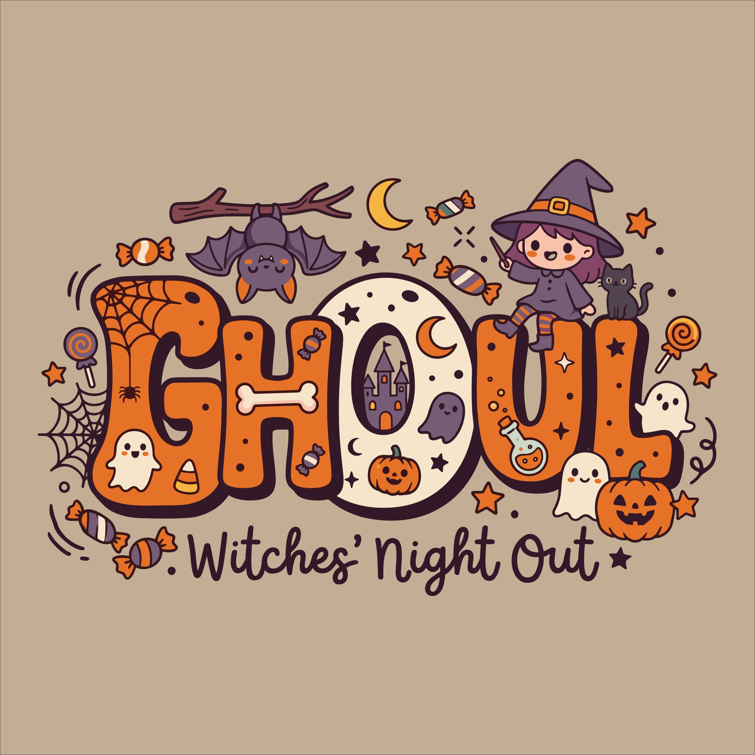 Cute Halloween Ghoul Witches Night Out typography with witch, ghost, bat, and pumpkin illustrations
