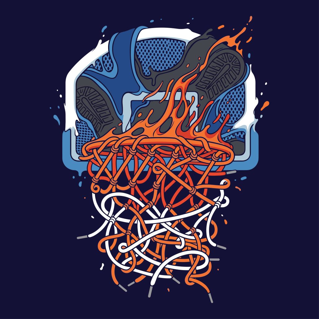 Urban vector illustration of a flaming basketball hoop with a tangled net holding a pair of blue and black sneakers