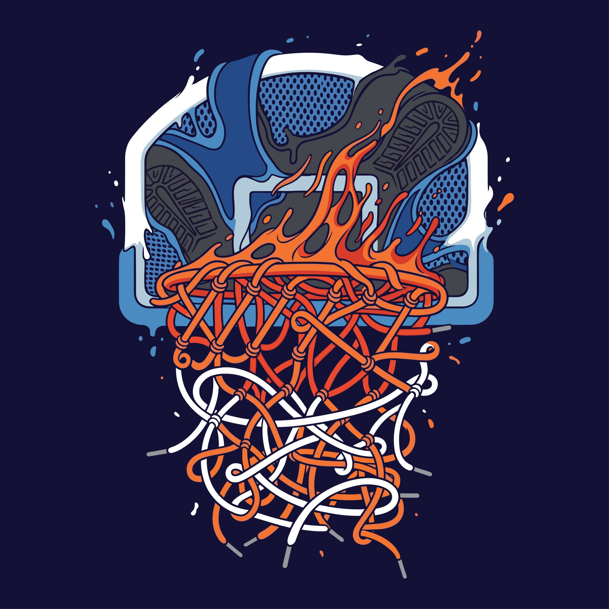 Urban vector illustration of a flaming basketball hoop with a tangled net holding a pair of blue and black sneakers