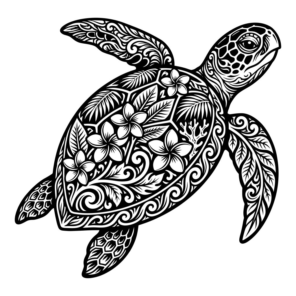 Intricate black and white line art vector illustration of a sea turtle featuring detailed floral mandala patterns and plumeria flowers on its shell.